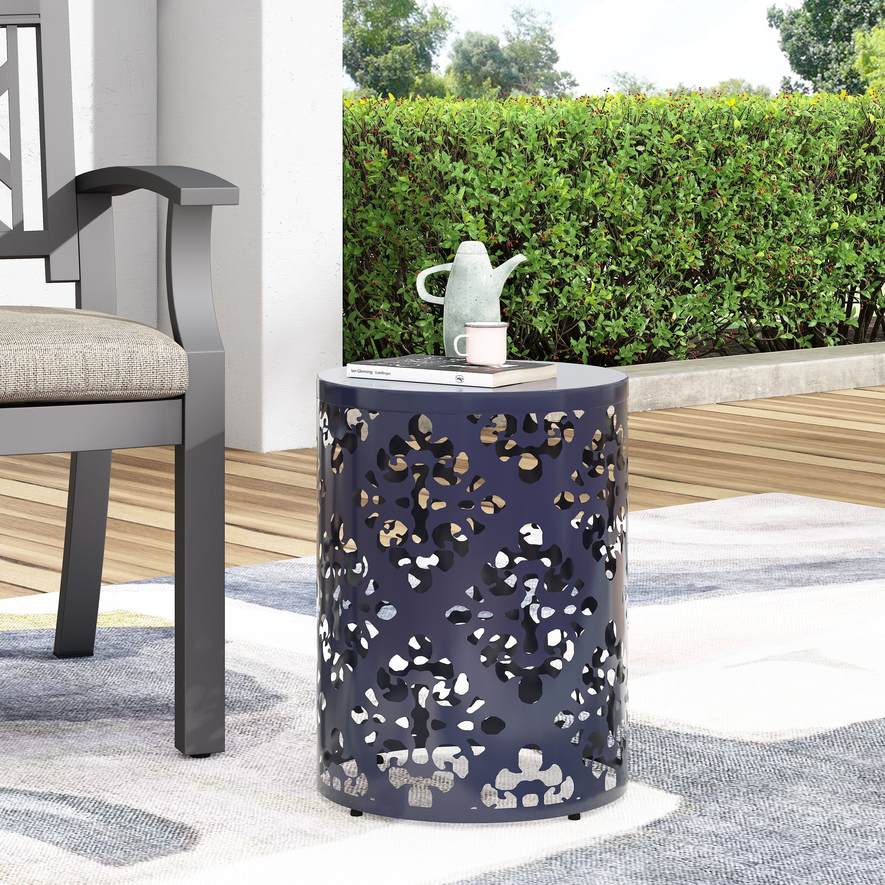 Spherical Outdoor Cylindrical End Table with Iron Cut Design