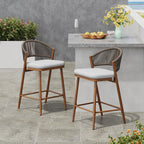 Outdoor Metal Frame Stools with Scallop-Shaped Backrest & Water-Resistant Cushions, Set of 2