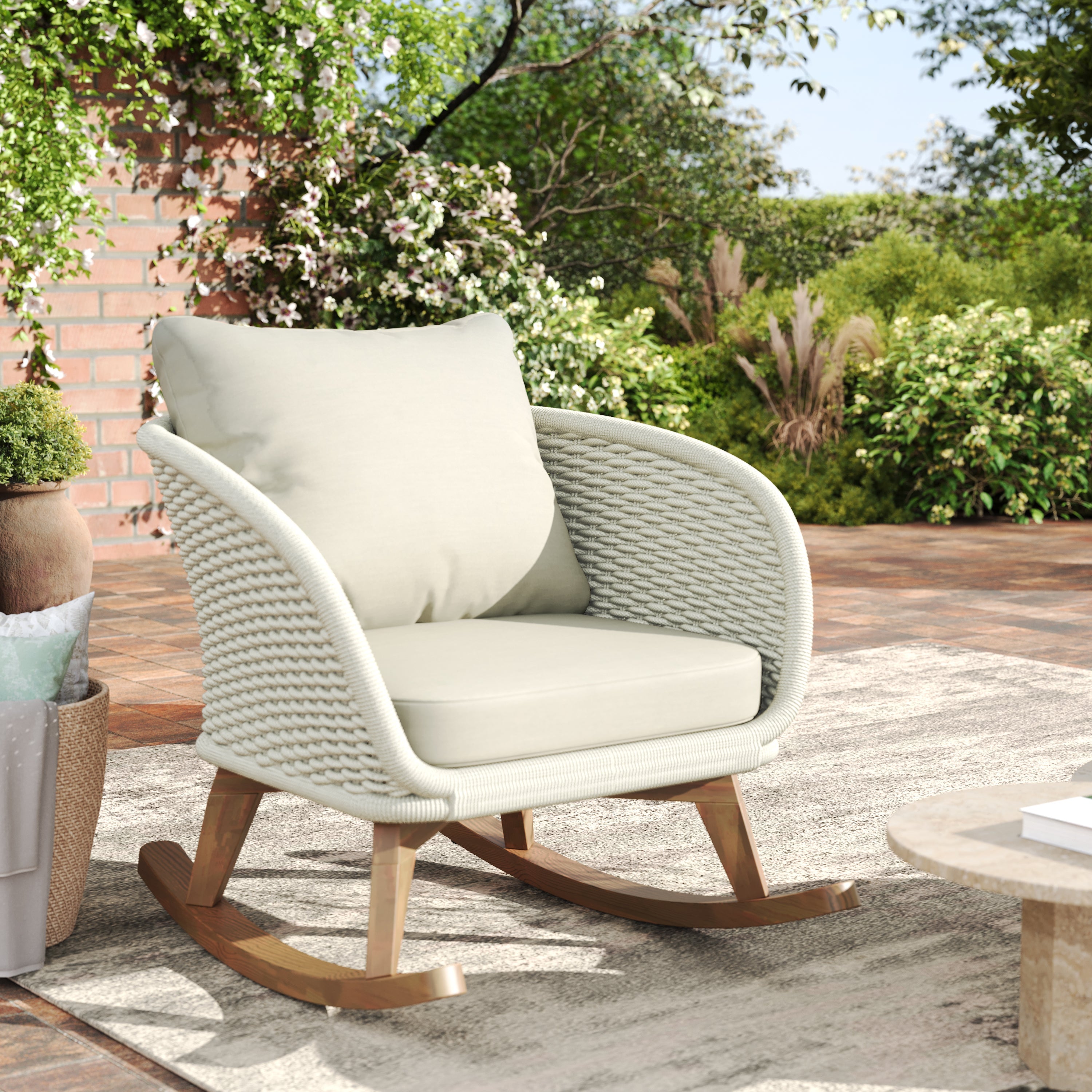 Contemporary Minimalist Wicker Rocking Chair with Cushions
