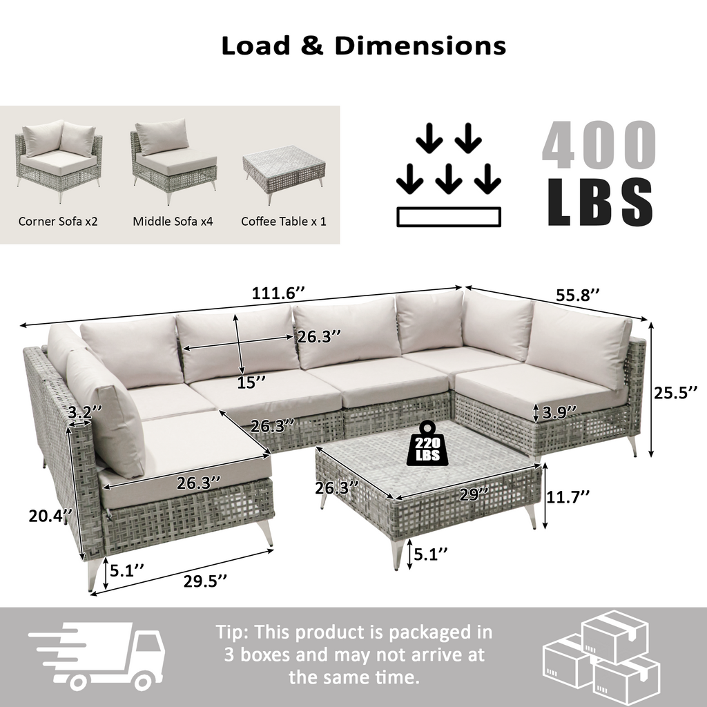 7-Piece Outdoor Wicker Sectional Sofa with Water Resistant Cushions and Coffee Table
