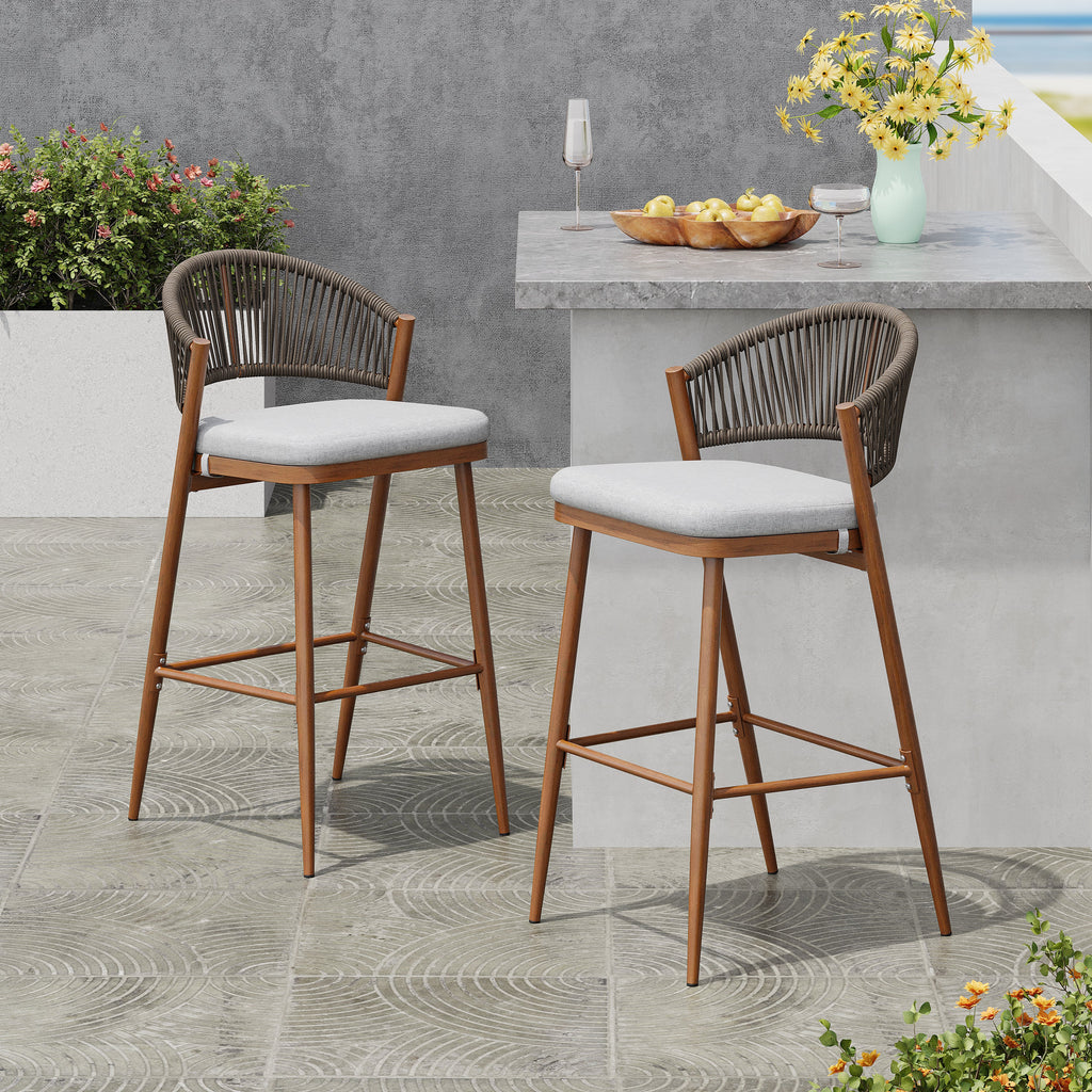 Outdoor Metal Frame Stools with Scallop-Shaped Backrest & Water-Resistant Cushions, Set of 2