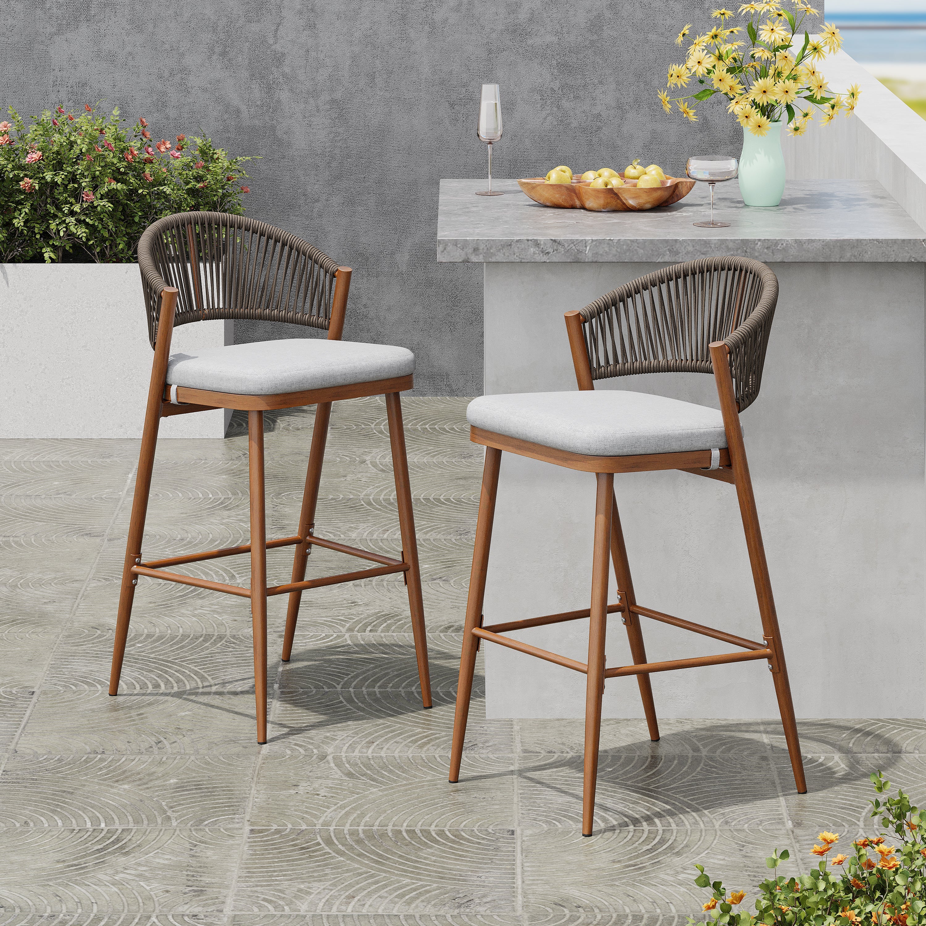 Outdoor Metal Frame Stools with Scallop-Shaped Backrest & Water-Resistant Cushions, Set of 2