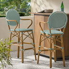 Valorous Outdoor Wicker Bar Stool with Round Back and Curved Arms, Set of 2