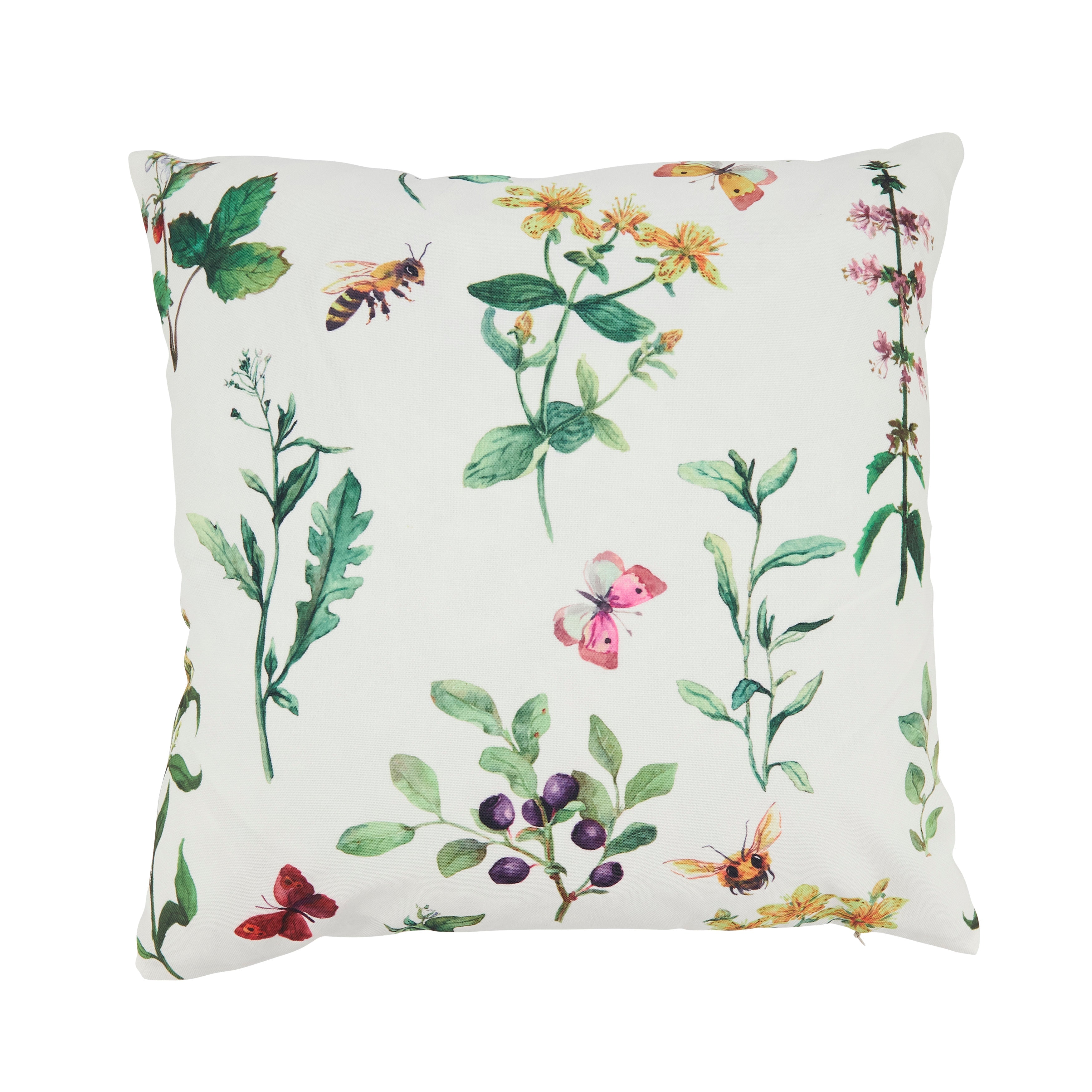 Whimsical Bumble Bee Floral Outdoor Polyester Filled Throw Pillow