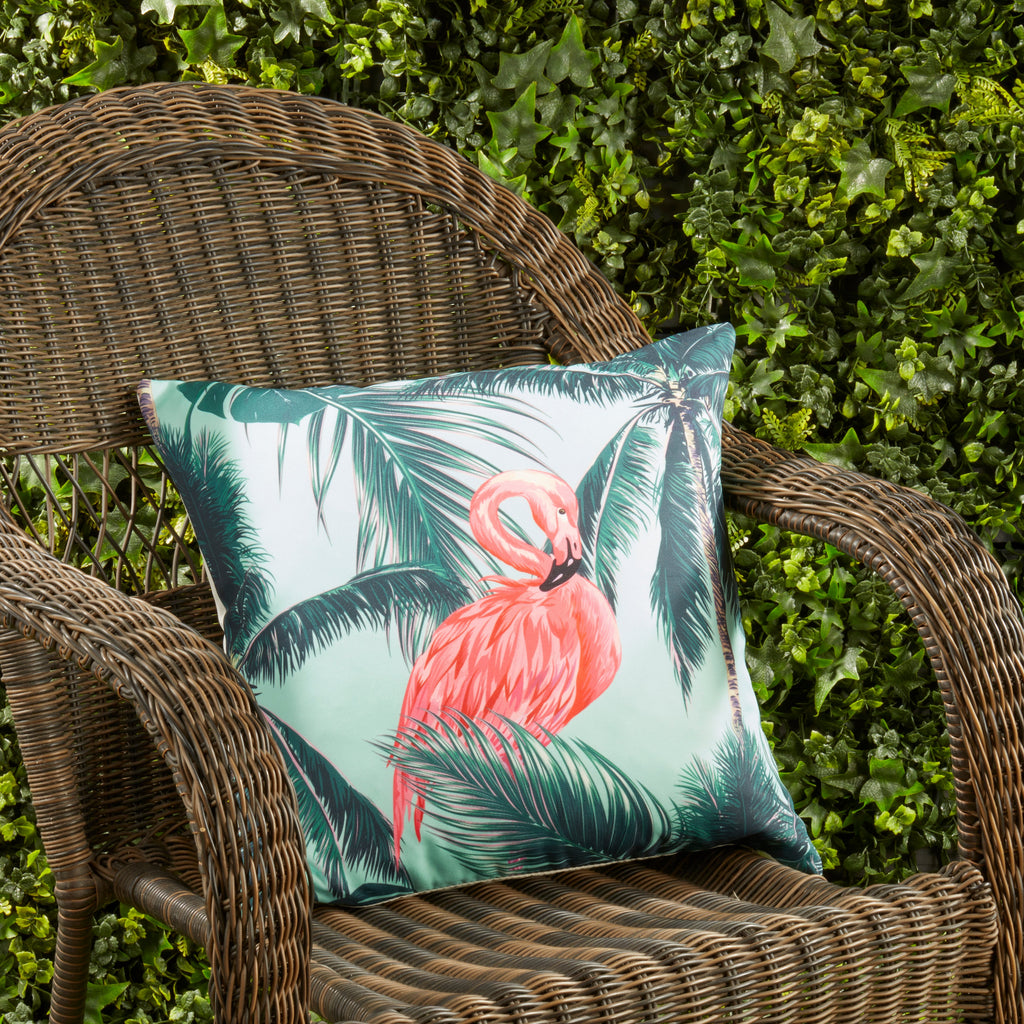 Tropical Flamingo and Palm Tree Outdoor Polyester Filled Throw Pillow