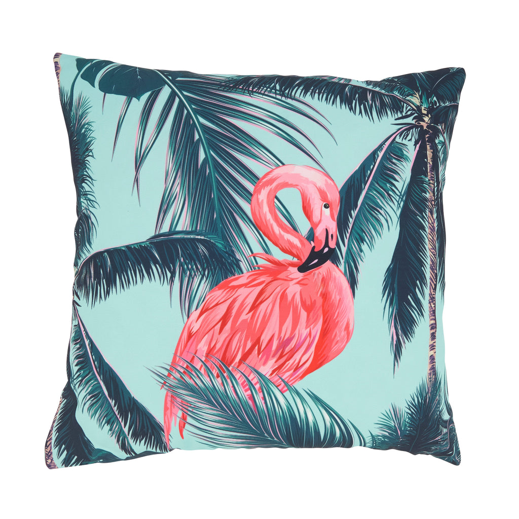 Tropical Flamingo and Palm Tree Outdoor Polyester Filled Throw Pillow