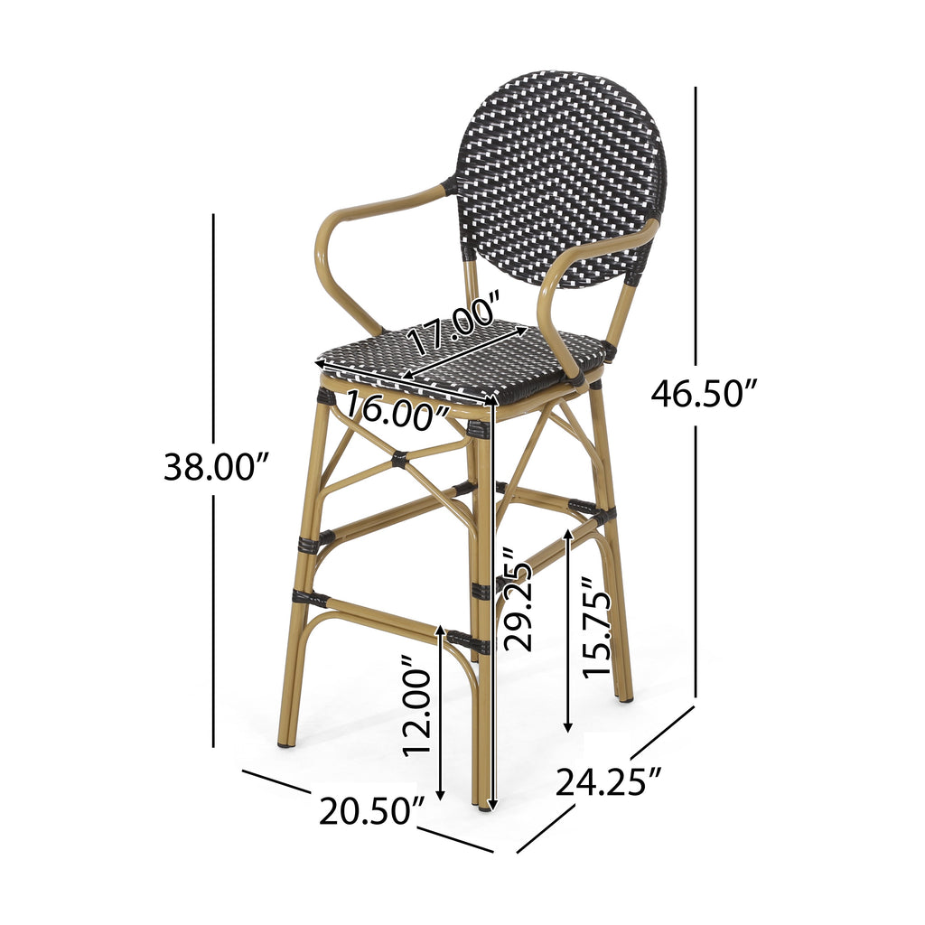 Valorous Outdoor Wicker Bar Stool with Round Back and Curved Arms, Set of 2