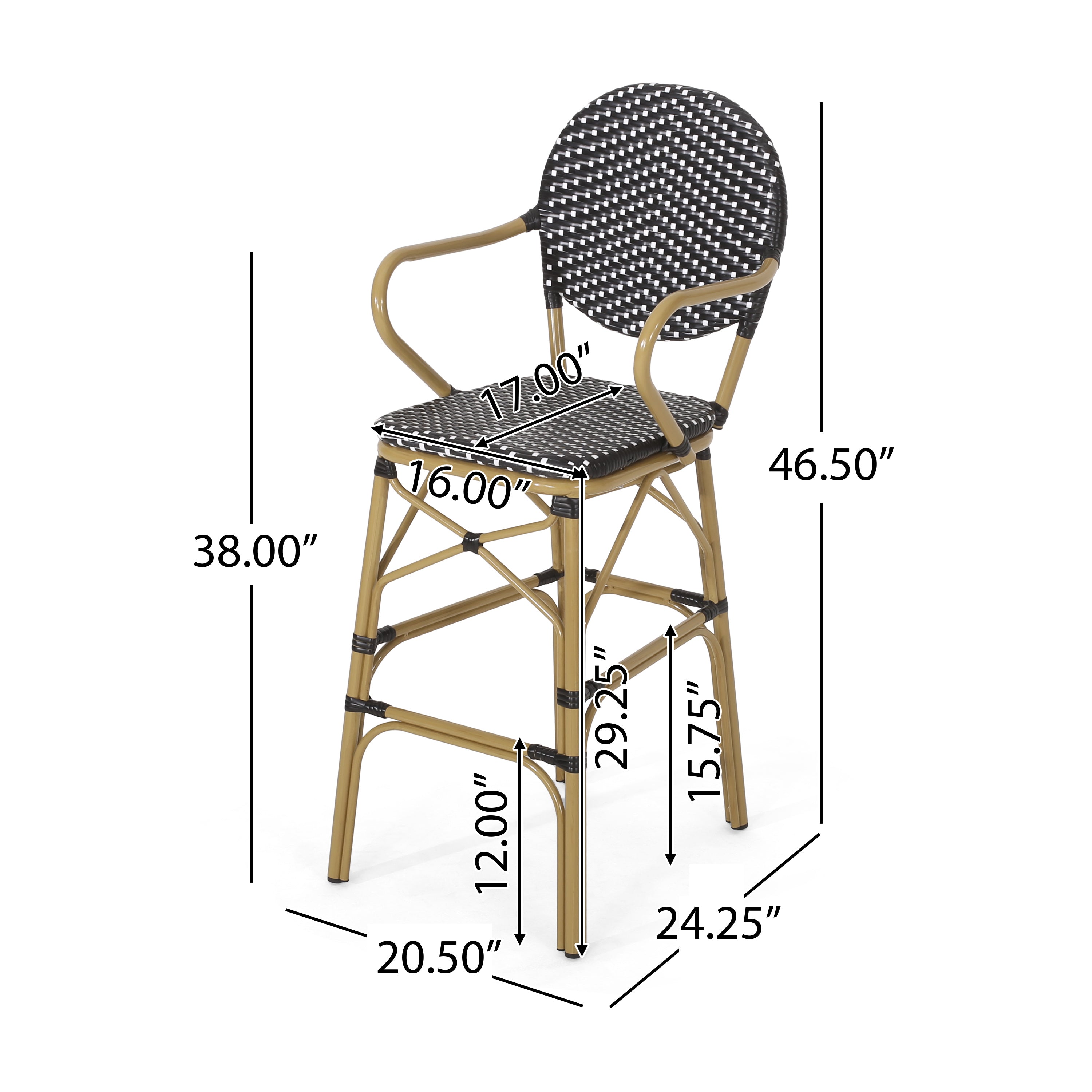 Valorous Outdoor Wicker Bar Stool with Round Back and Curved Arms, Set of 2