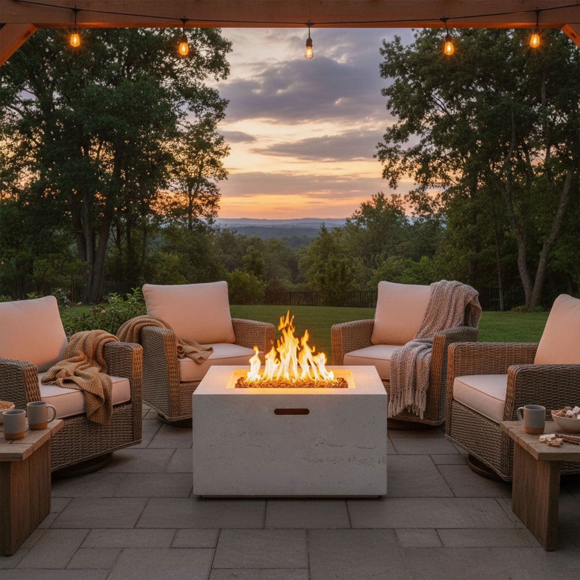 Outdoor Square Fire Pit with Steel Burner, Lava Rocks and Cover