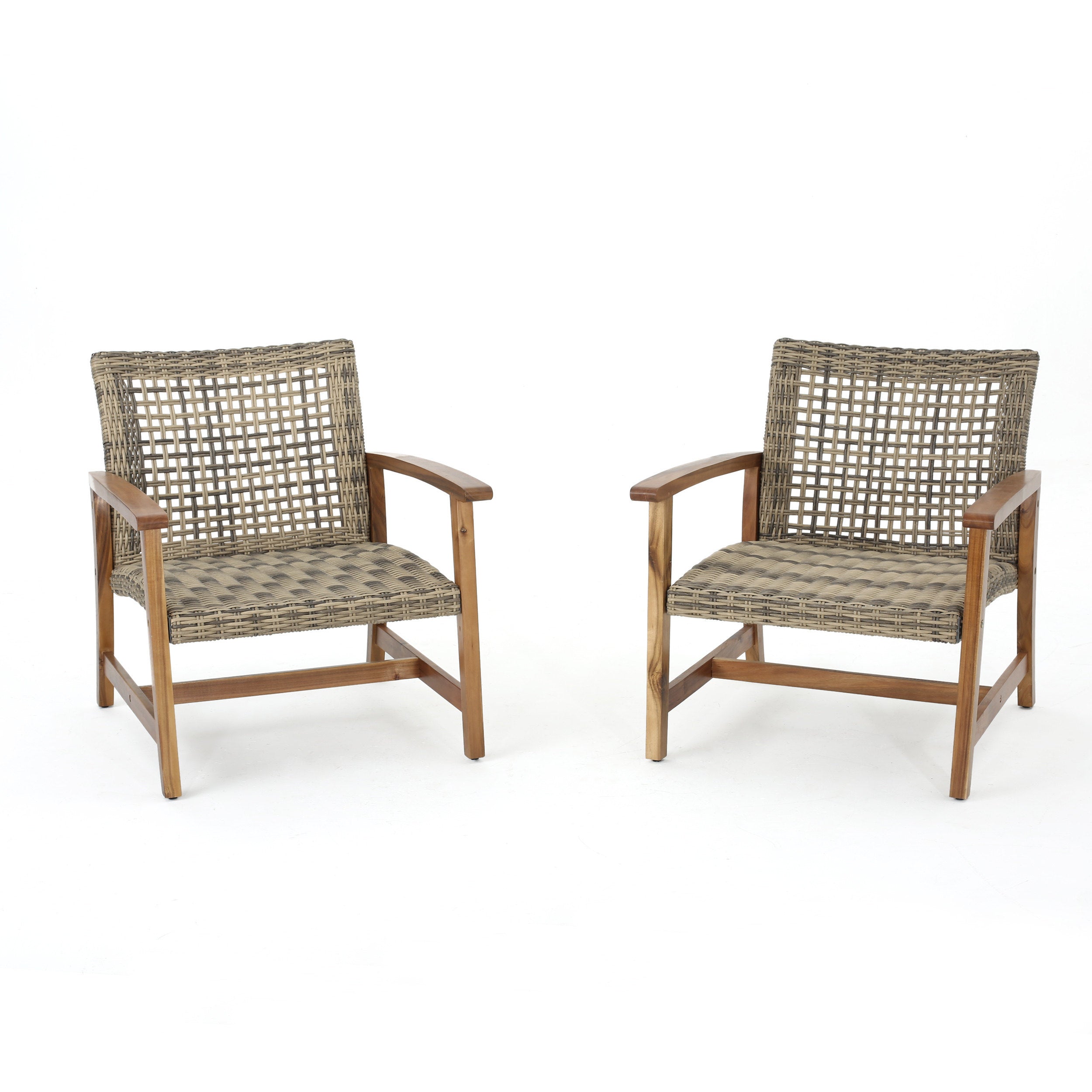 Hampton Outdoor Rattan & Acacia Wood Wicker Club Chairs, Set of 2