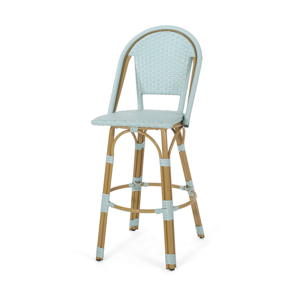 Callisto 29.5" Outdoor Rattan and Aluminum Bar Stool with Curved Back and Footrest