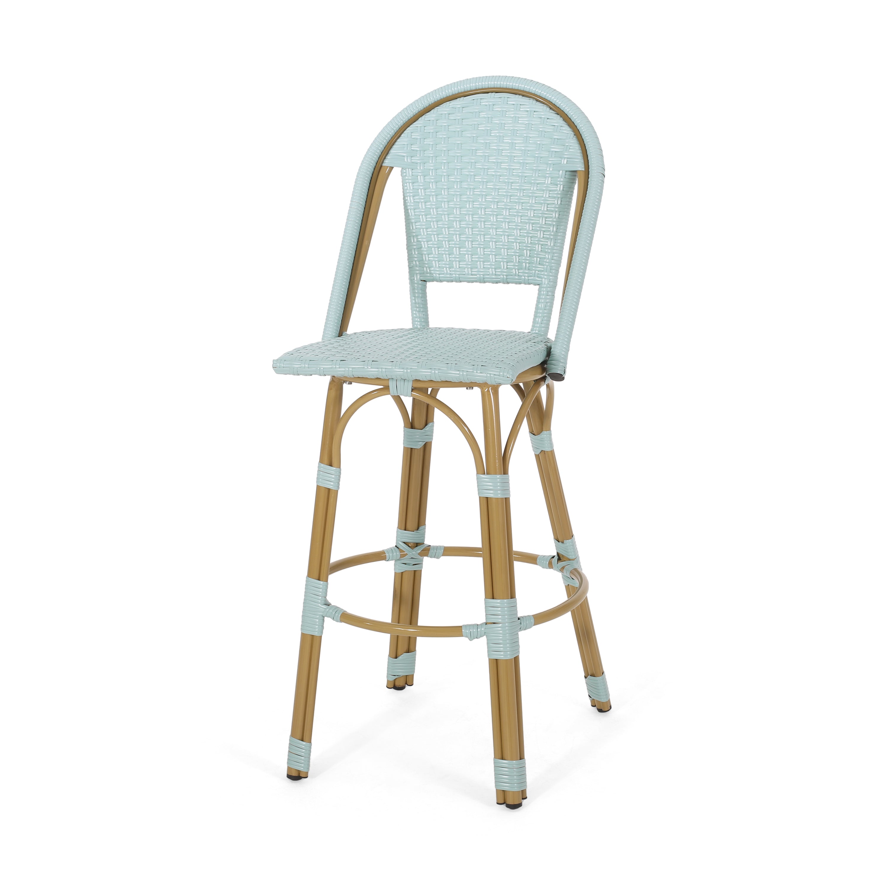 Callisto 29.5" Outdoor Rattan and Aluminum Bar Stool with Curved Back and Footrest