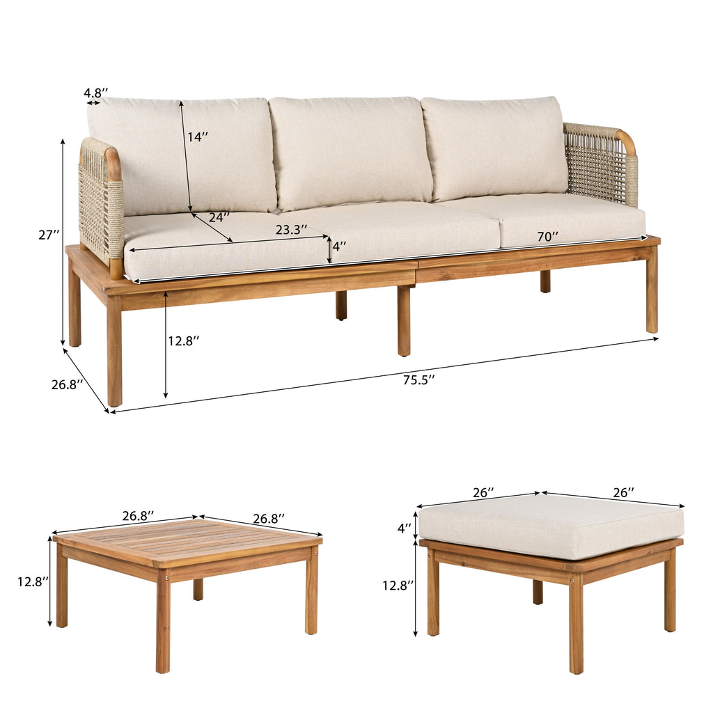 Isola Outdoor 3 Piece Acacia Wood and Rope Patio Sofa Set