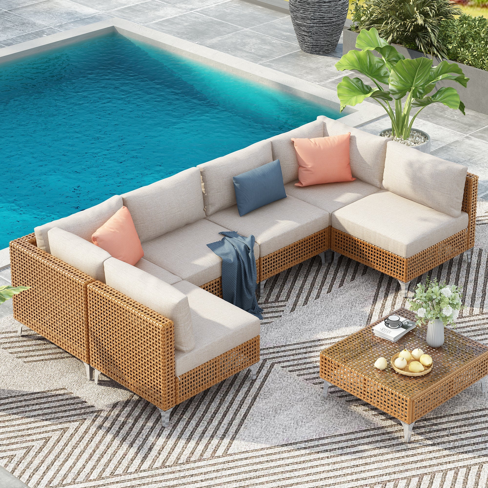 7-Piece Outdoor Wicker Sectional Sofa with Water Resistant Cushions and Coffee Table