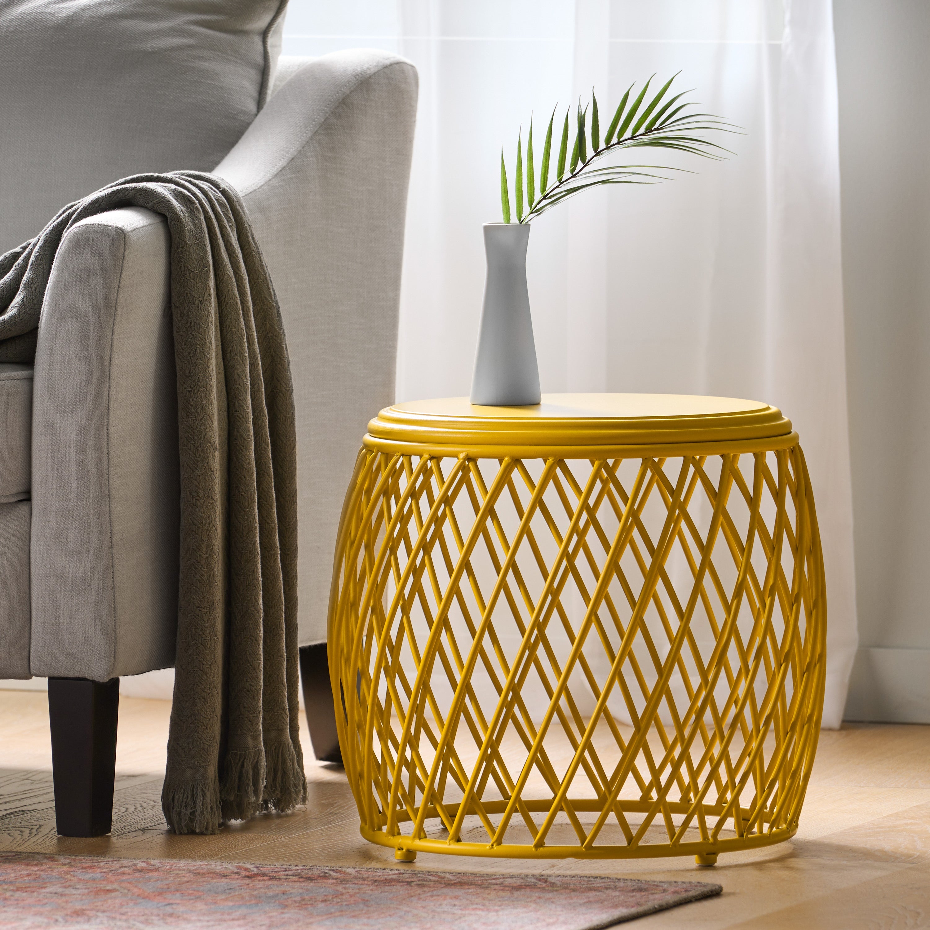 Coveted 19.75" Outdoor Cylindrical Iron Side Table with Lattice Design