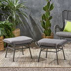 Cordella Outdoor Modern Boho Wicker Ottoman with Cushions, Set of 2
