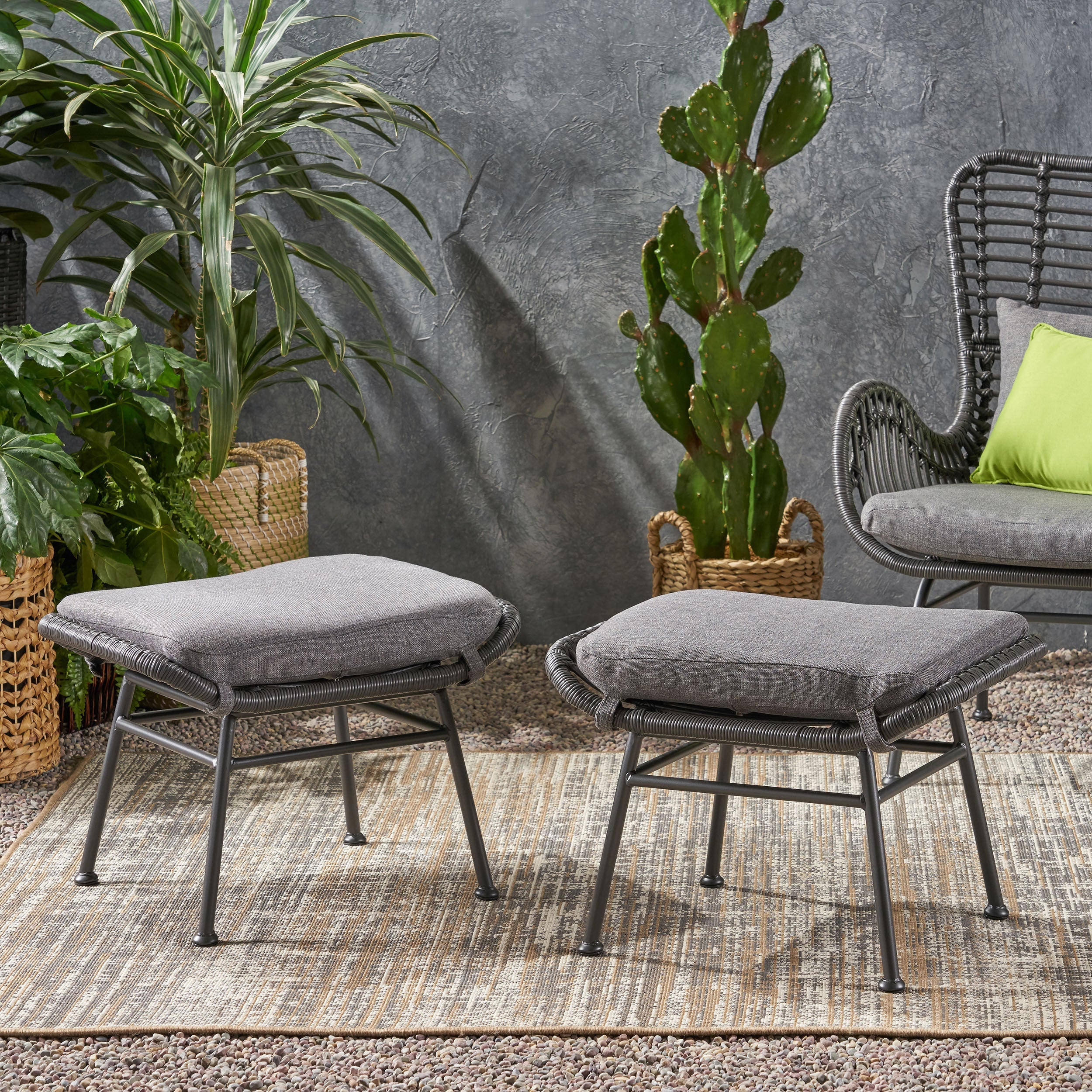 Cordella Outdoor Modern Boho Wicker Ottoman with Cushions, Set of 2