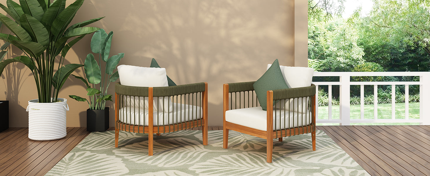 Azari Outdoor Acacia Wood Club Chair with Handwoven Rope Accents & Curved Backrest