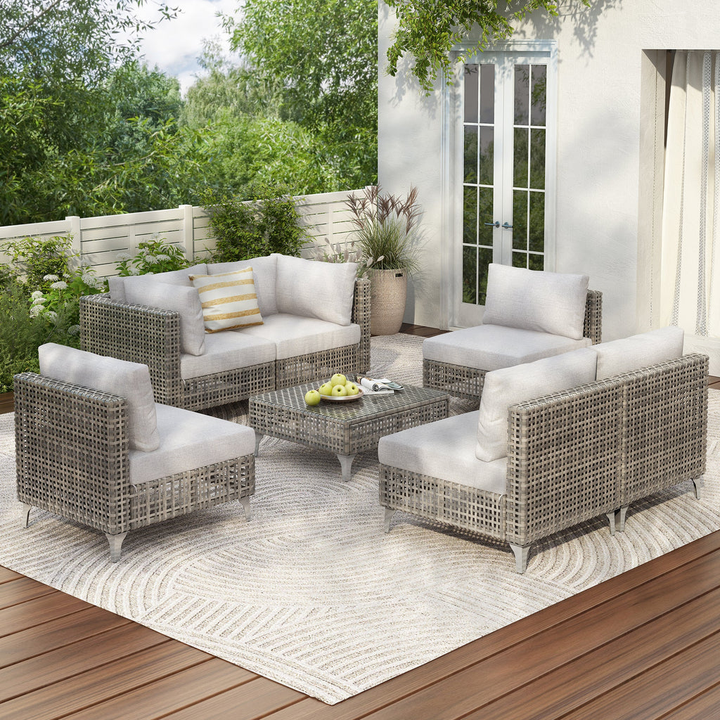7-Piece Outdoor Wicker Sectional Sofa with Water Resistant Cushions and Coffee Table