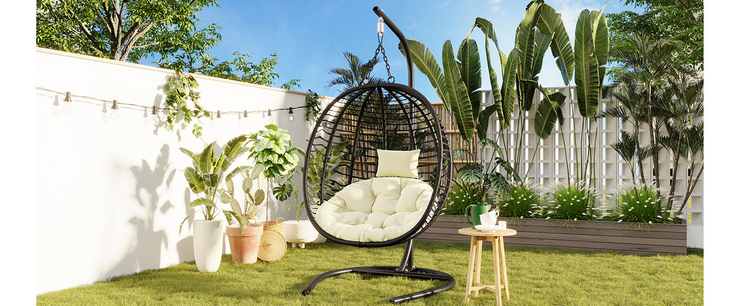 Folding Hanging Swinging Egg Chair with Stand & Tufted Cushion