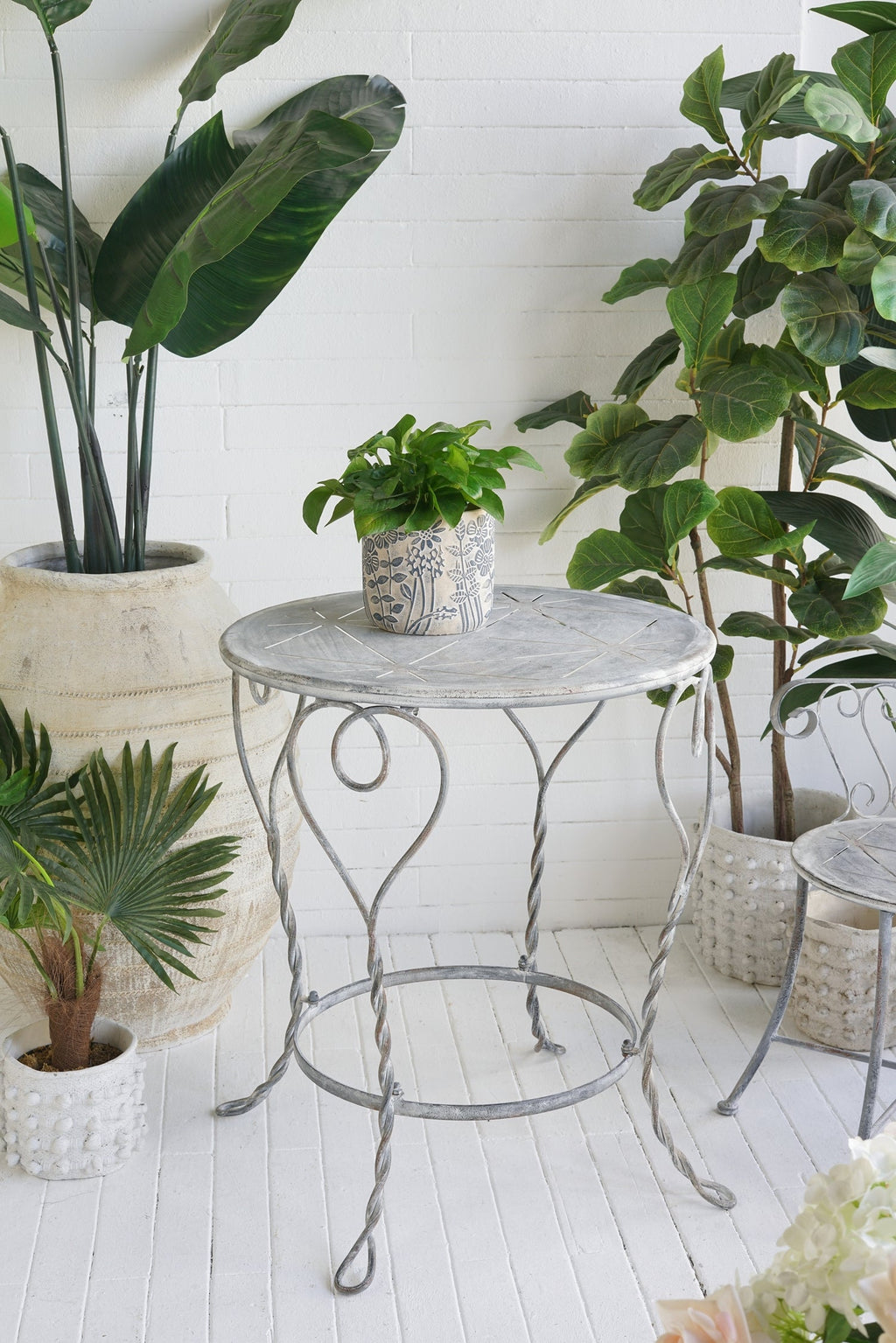 Distressed Silver Finish Heart Iron French Country Round Side Table