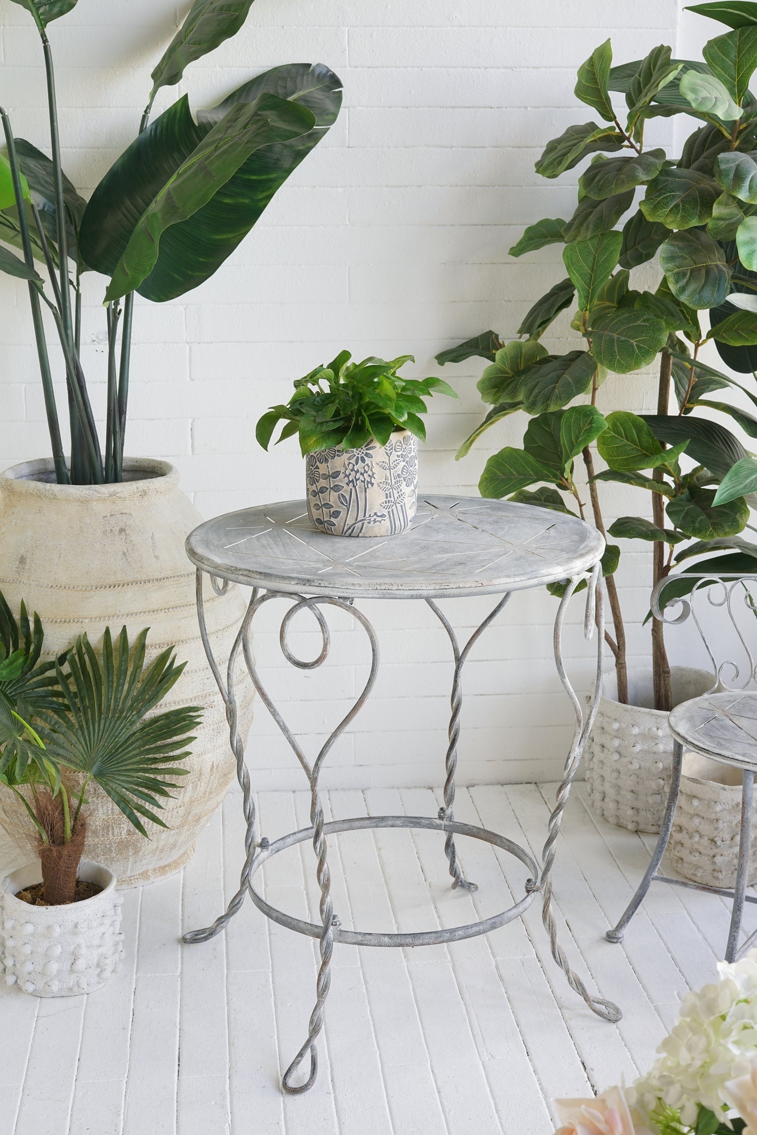 Distressed Silver Finish Heart Iron French Country Round Side Table