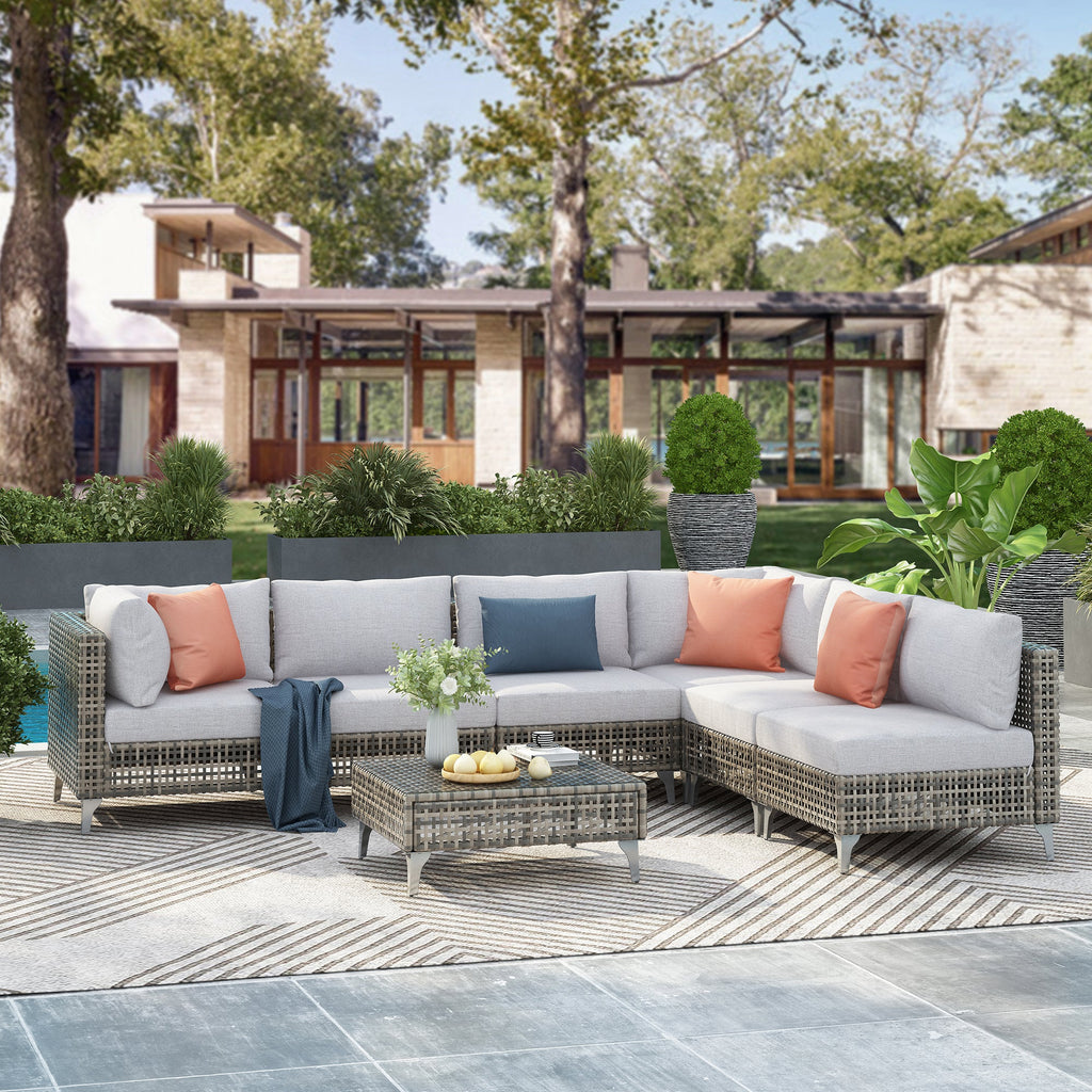 7-Piece Outdoor Wicker Sectional Sofa with Water Resistant Cushions and Coffee Table