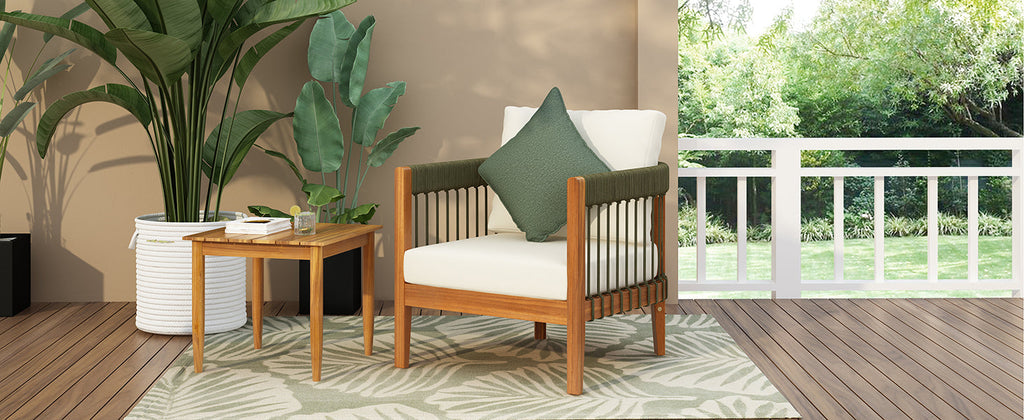 Azari Outdoor Acacia Wood Club Chair with Handwoven Rope Accents & Curved Backrest