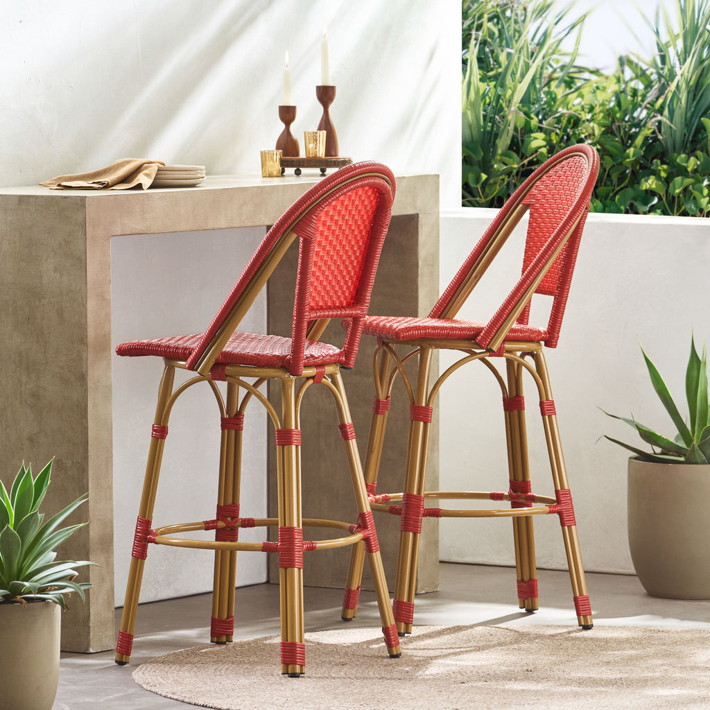 Callisto 29.5" Outdoor Rattan and Aluminum Bar Stool with Curved Back and Footrest
