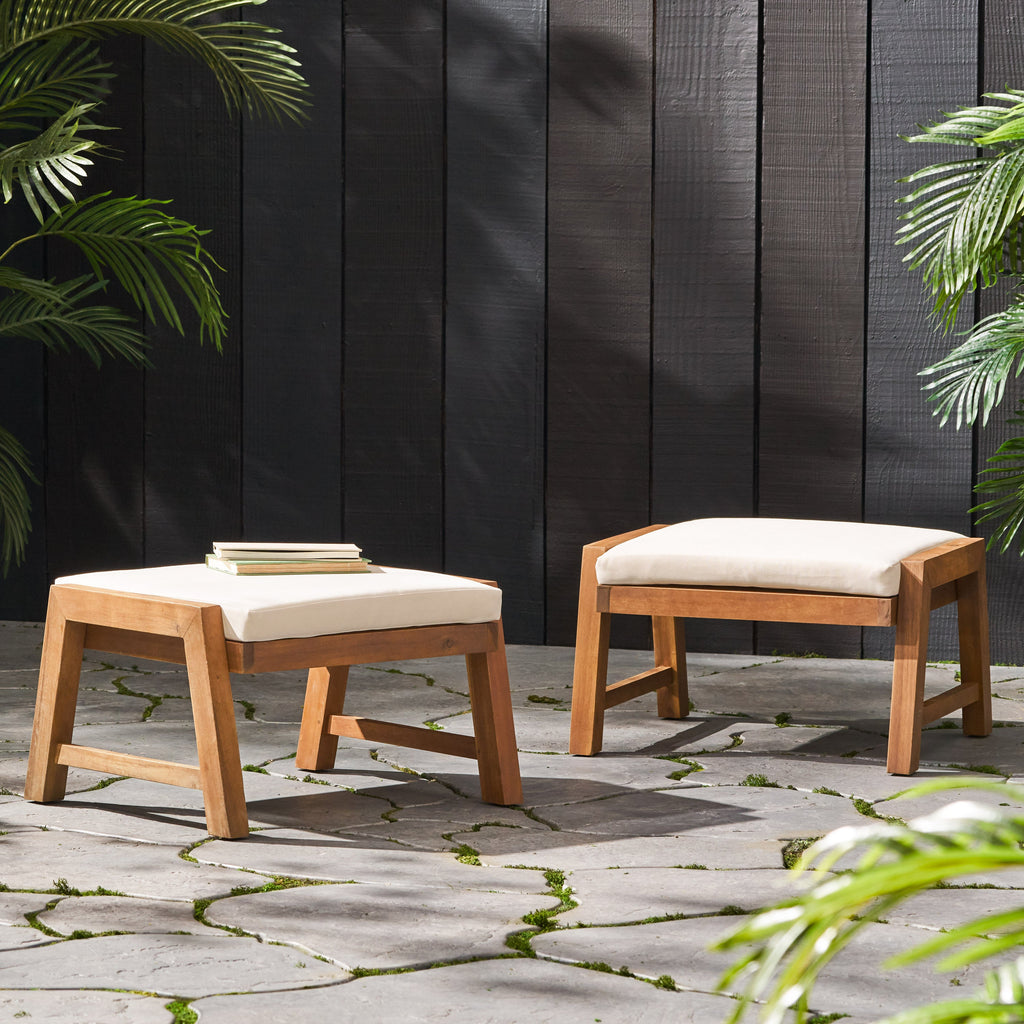 Brixton Acacia Wood Outdoor Ottomans with Cushion, Set of 2