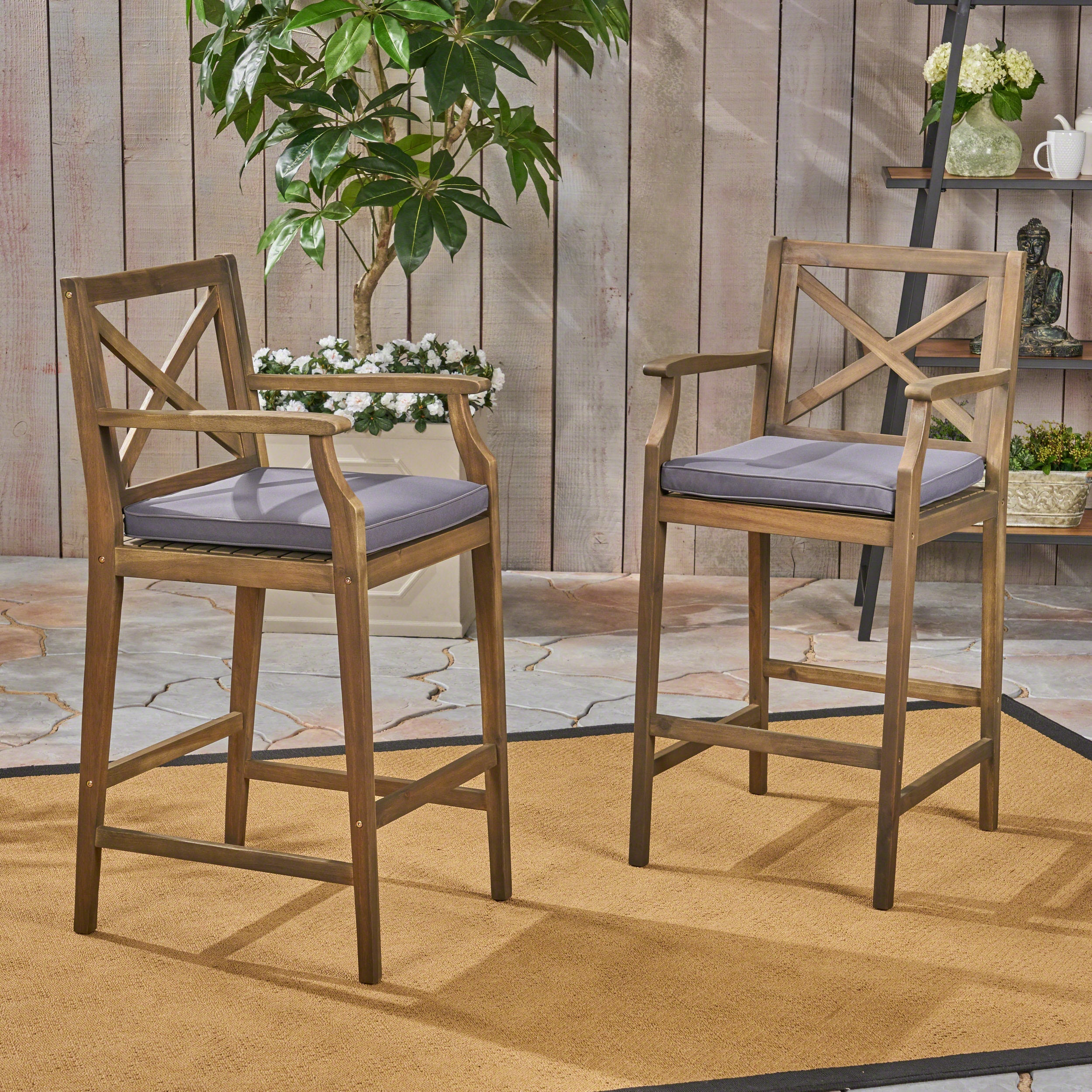 Perla Outdoor Acacia Wood Barstools, Set of 2