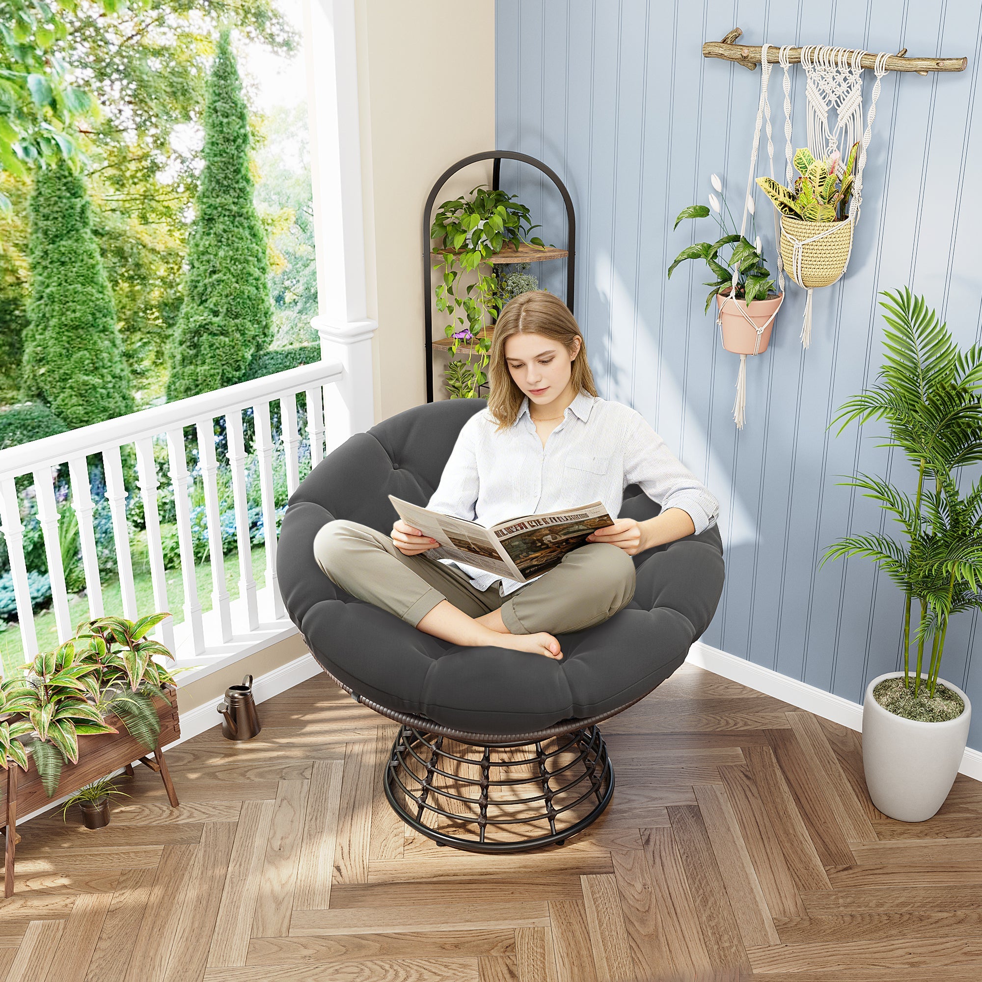 360° Swivel Indoor Outdoor Wicker Papasan Chair with Soft Thick Cushion