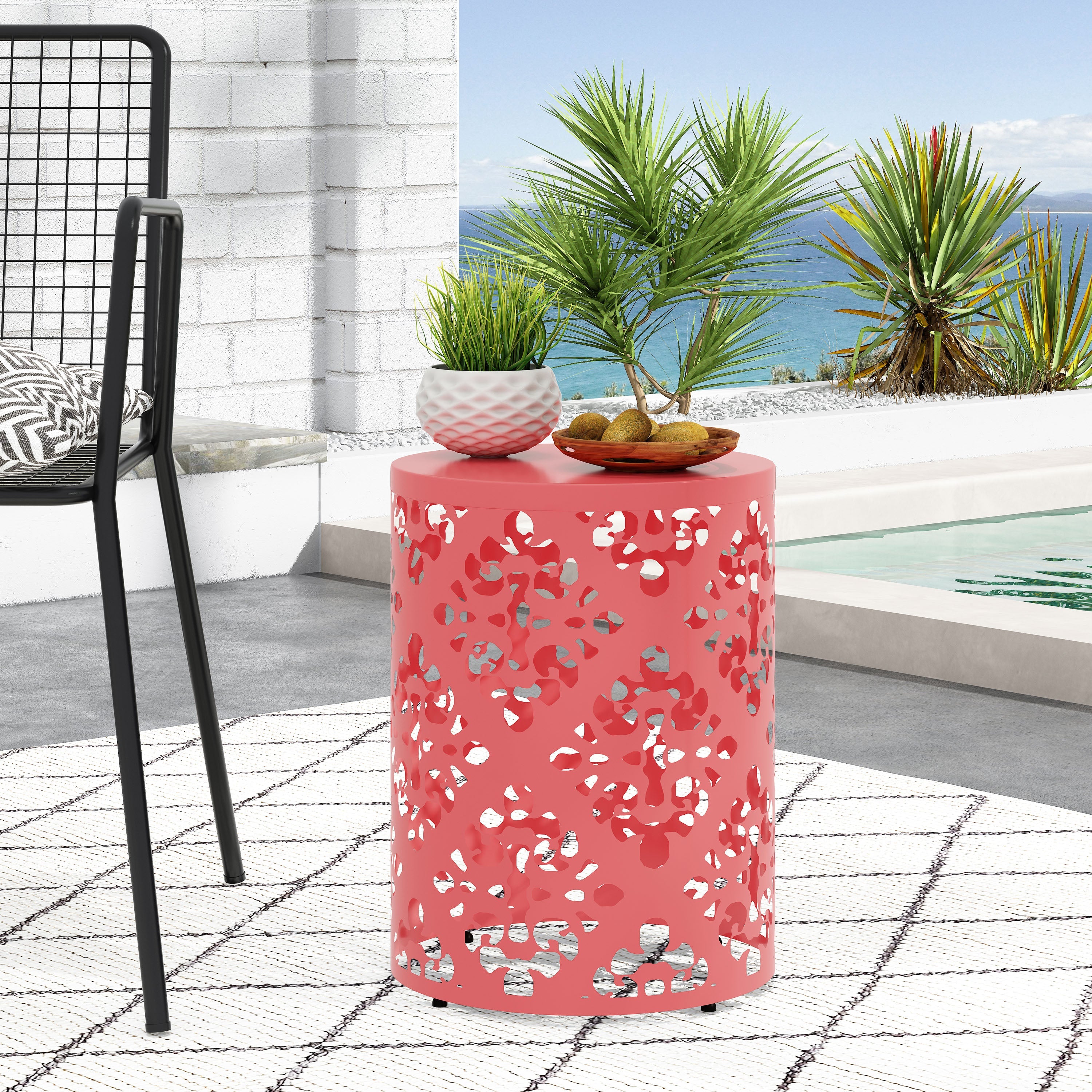Spherical Outdoor Cylindrical End Table with Iron Cut Design