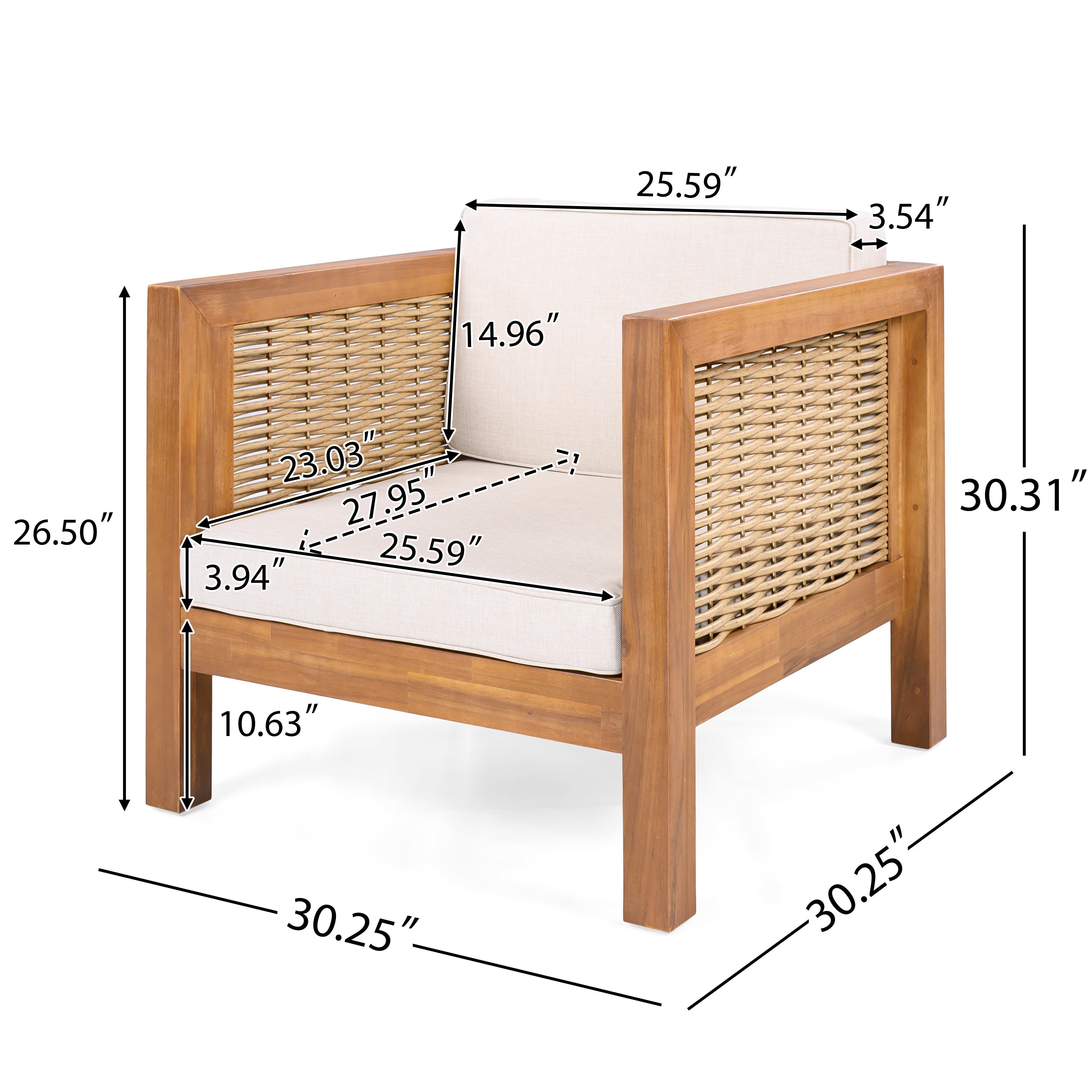 Outdoor Acacia Wood Outdoor Club Chair with Wicker Armrest and Beige Cushions