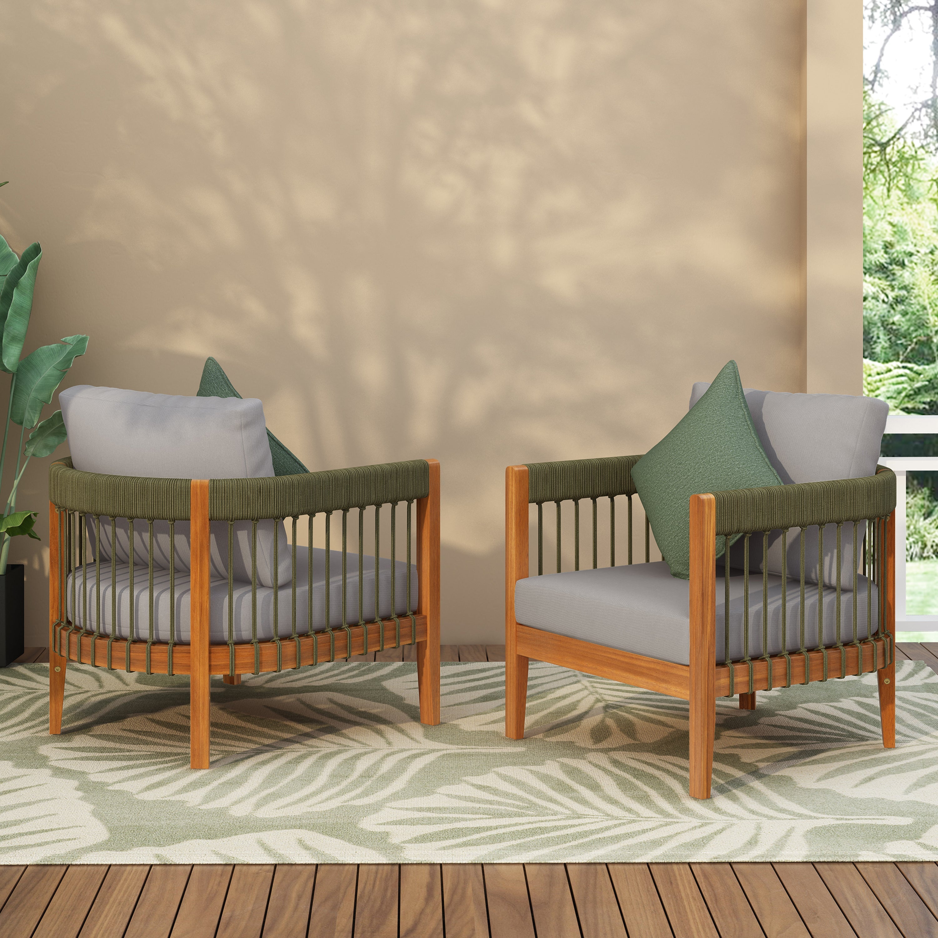 Azari Outdoor Acacia Wood Club Chair with Handwoven Rope Accents & Curved Backrest