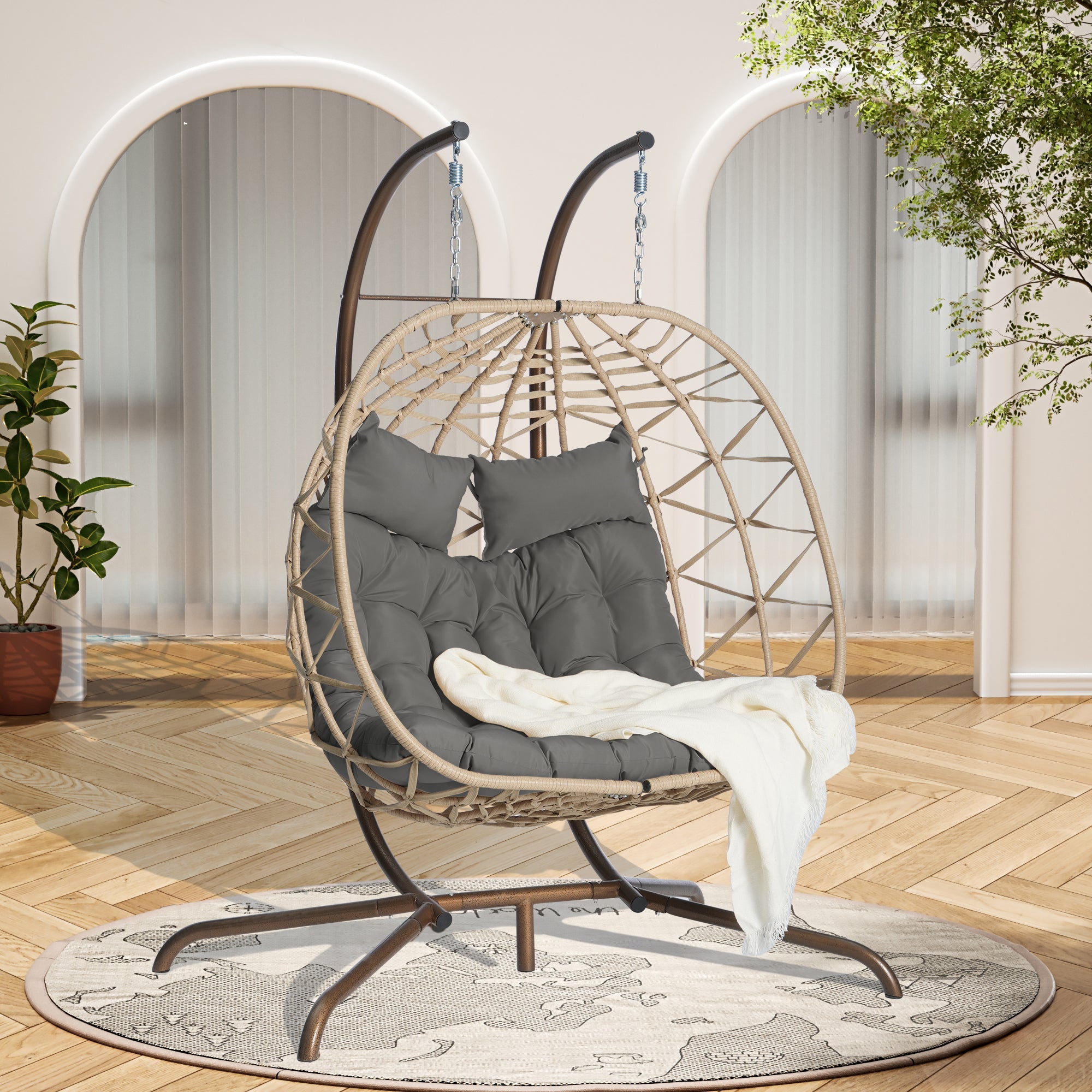 2-Person Outdoor Wicker Rattan Egg Chair with Stand Hanging