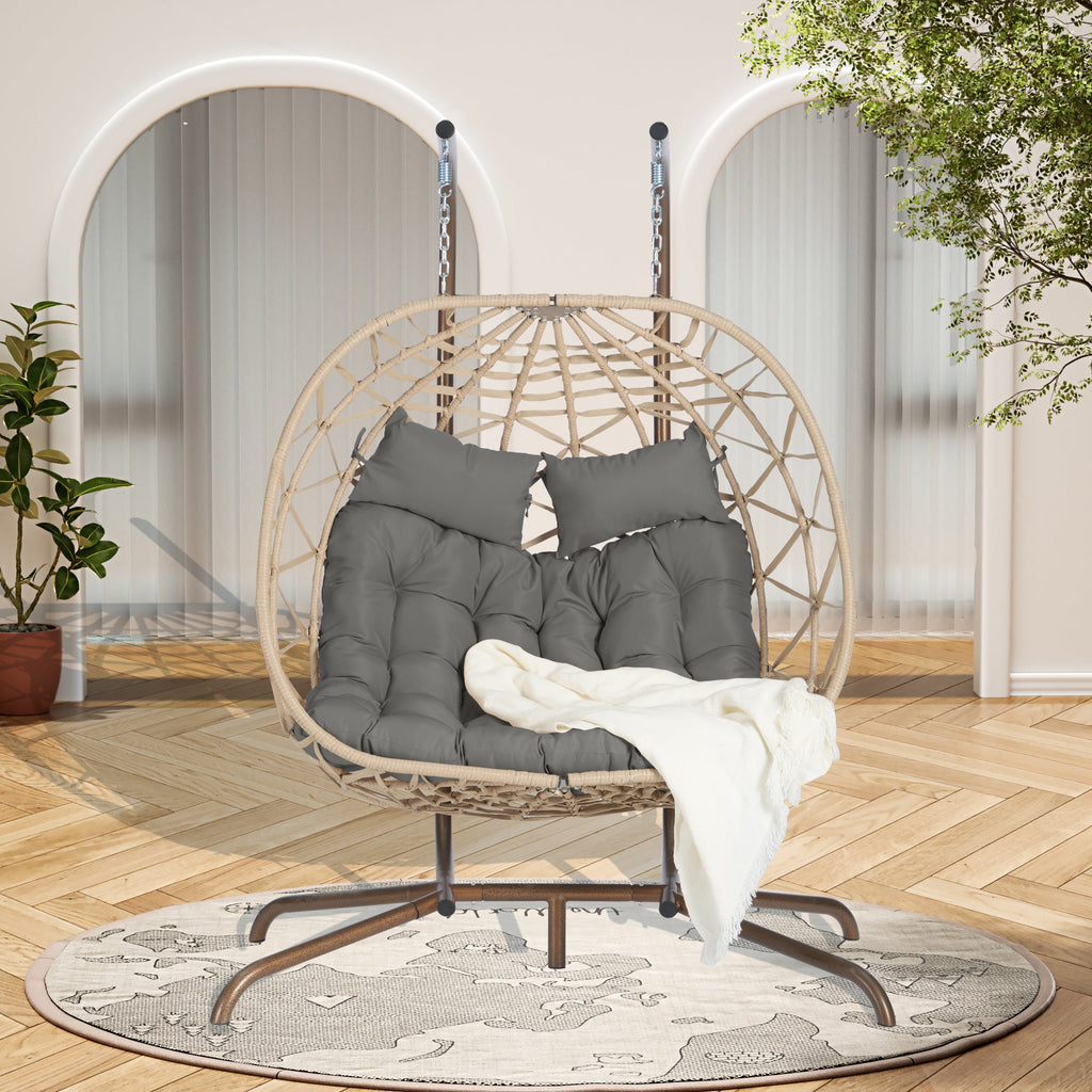 2-Person Outdoor Wicker Rattan Egg Chair with Stand Hanging