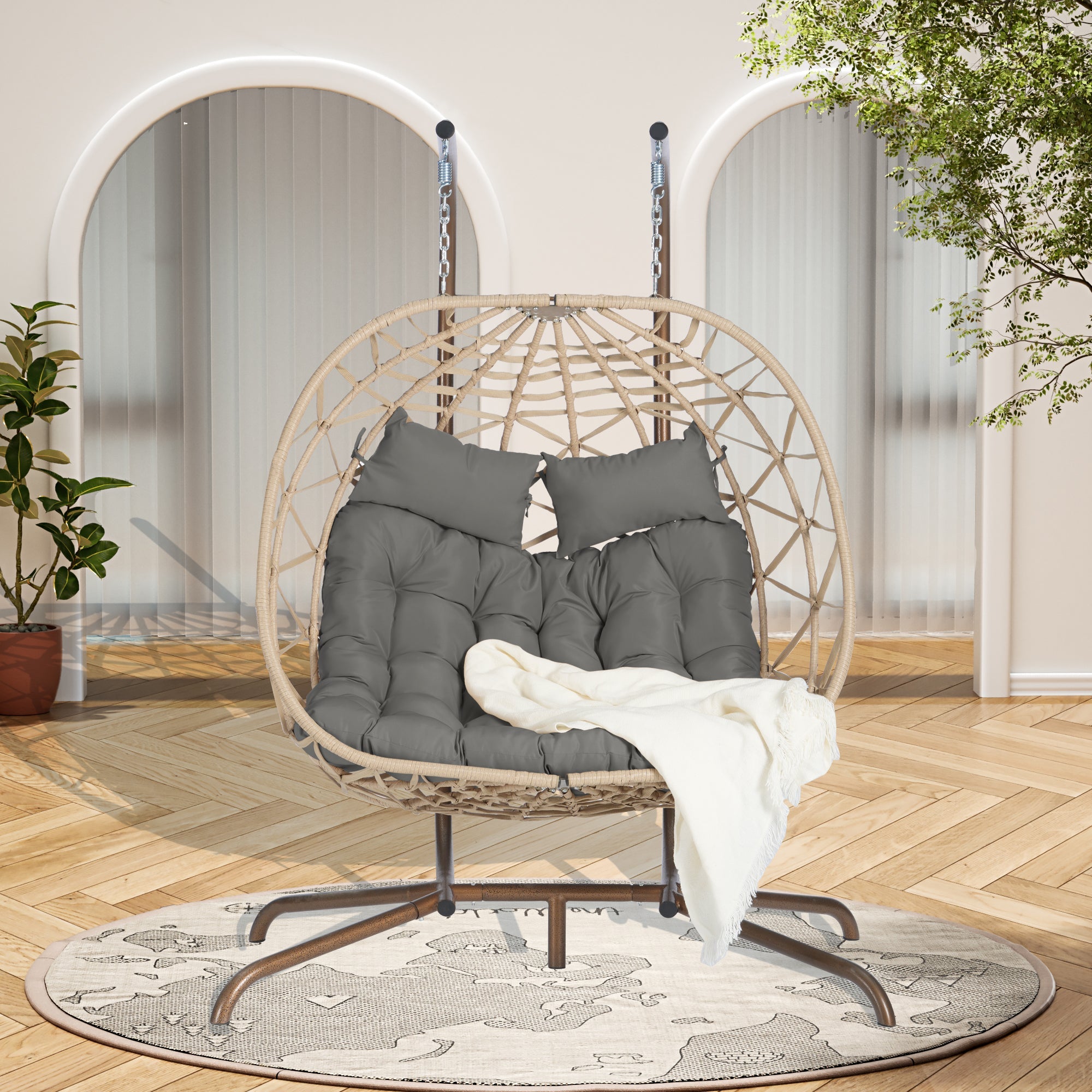 2-Person Outdoor Wicker Rattan Egg Chair with Stand Hanging