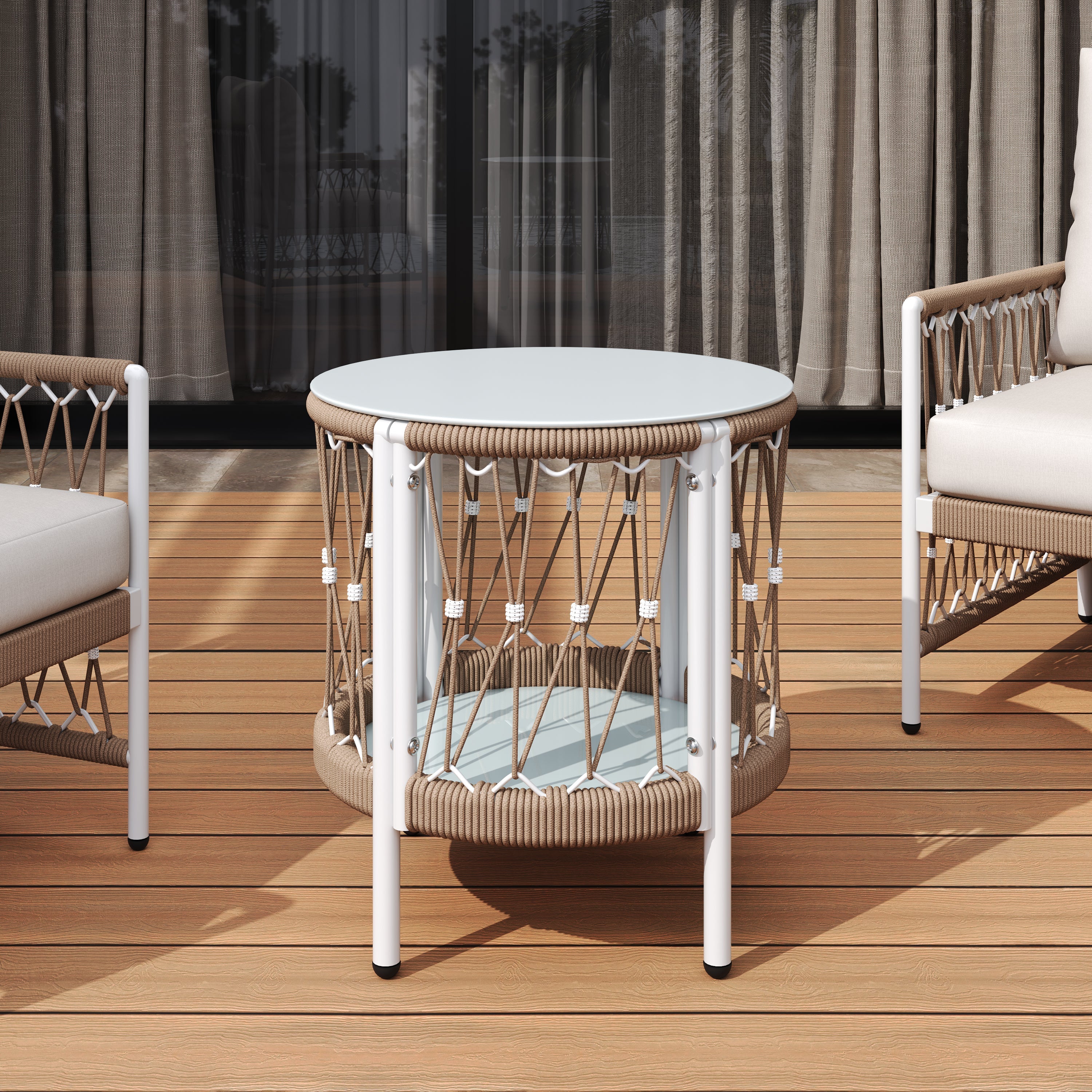 Caspian Outdoor Handwoven Rope Accent Table with Glass Top