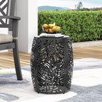 Rebirth Outdoor End Table with Tropical Palm Leaf Pattern and Iron Frame