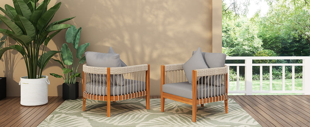 Azari Outdoor Acacia Wood Club Chair with Handwoven Rope Accents & Curved Backrest