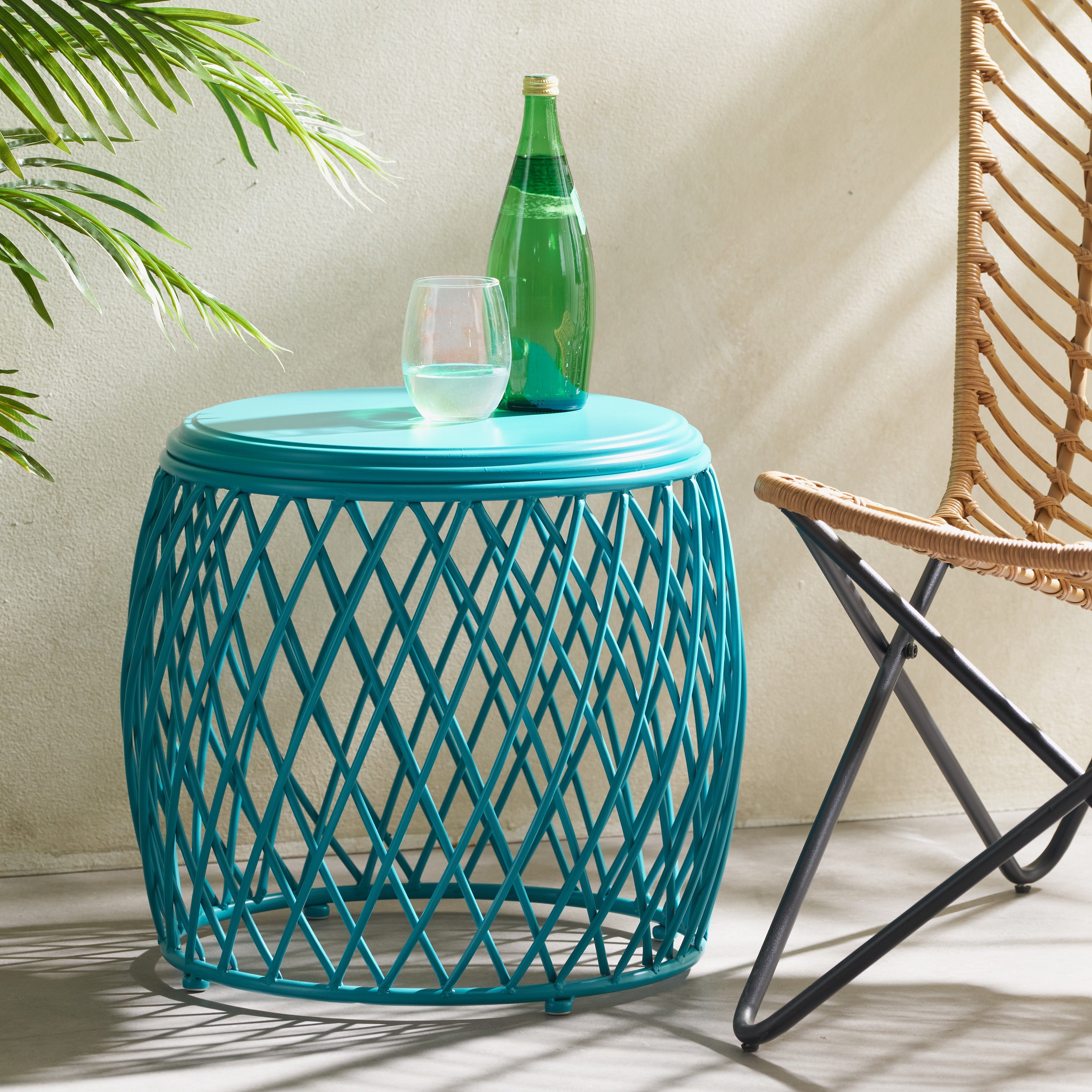 Coveted 19.75" Outdoor Cylindrical Iron Side Table with Lattice Design