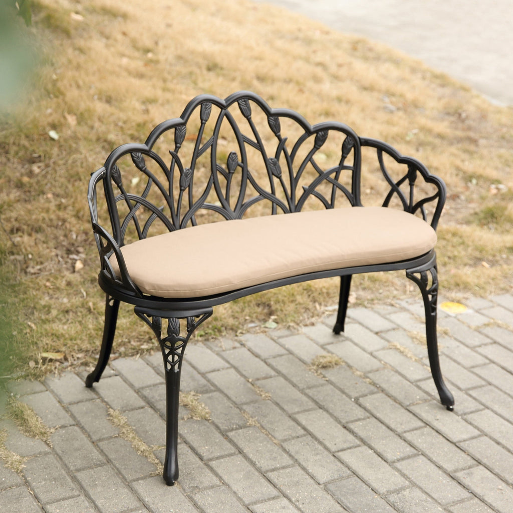 Tulip Cast Aluminum Garden Bench with cushion