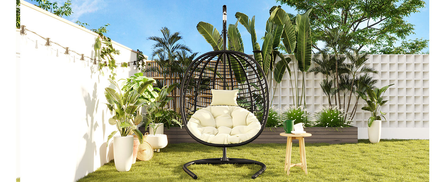 Folding Hanging Swinging Egg Chair with Stand & Tufted Cushion