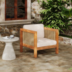 Outdoor Acacia Wood Outdoor Club Chair with Wicker Armrest and Beige Cushions