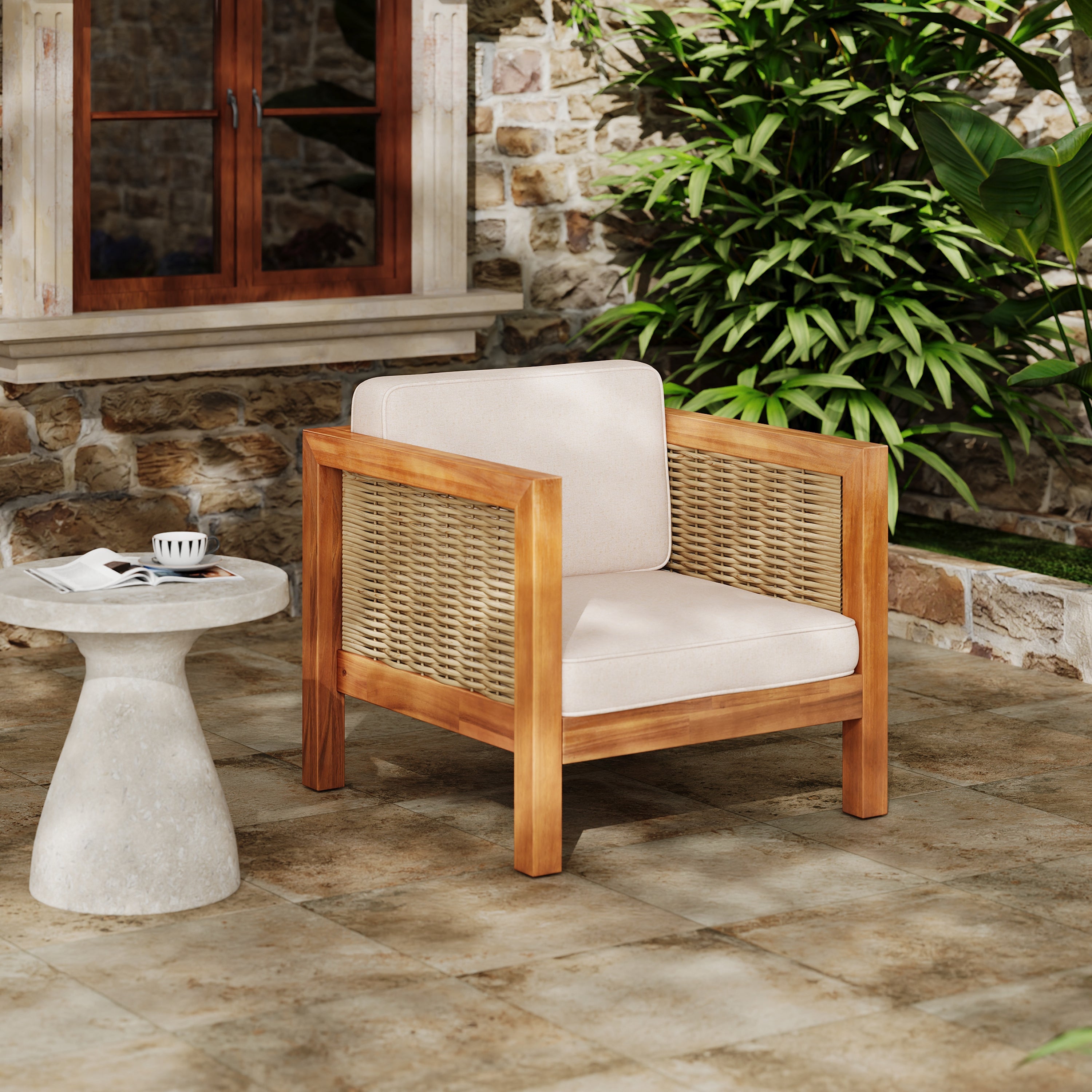 Outdoor Acacia Wood Outdoor Club Chair with Wicker Armrest and Beige Cushions