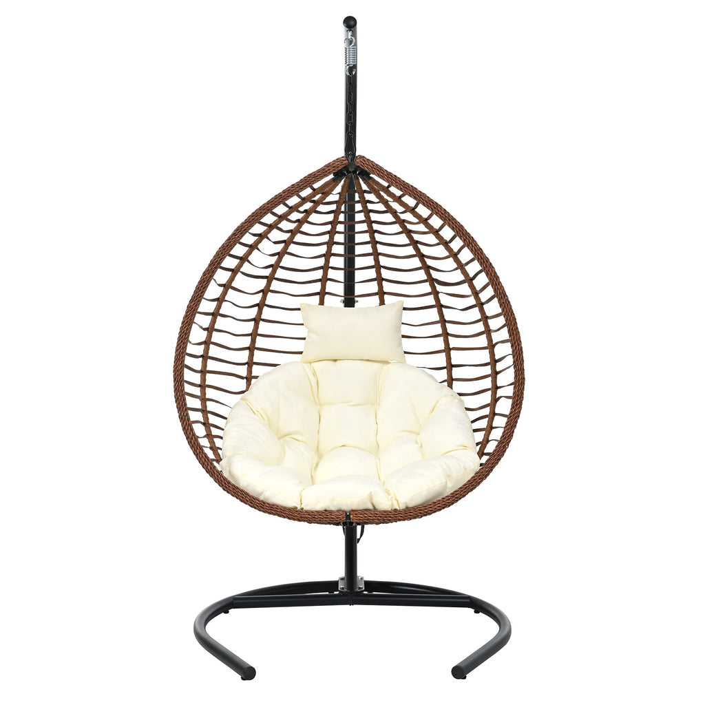 Foldable Rattan Egg Swing Chair with Iron Frame, Plush Cushion & Removable Headrest