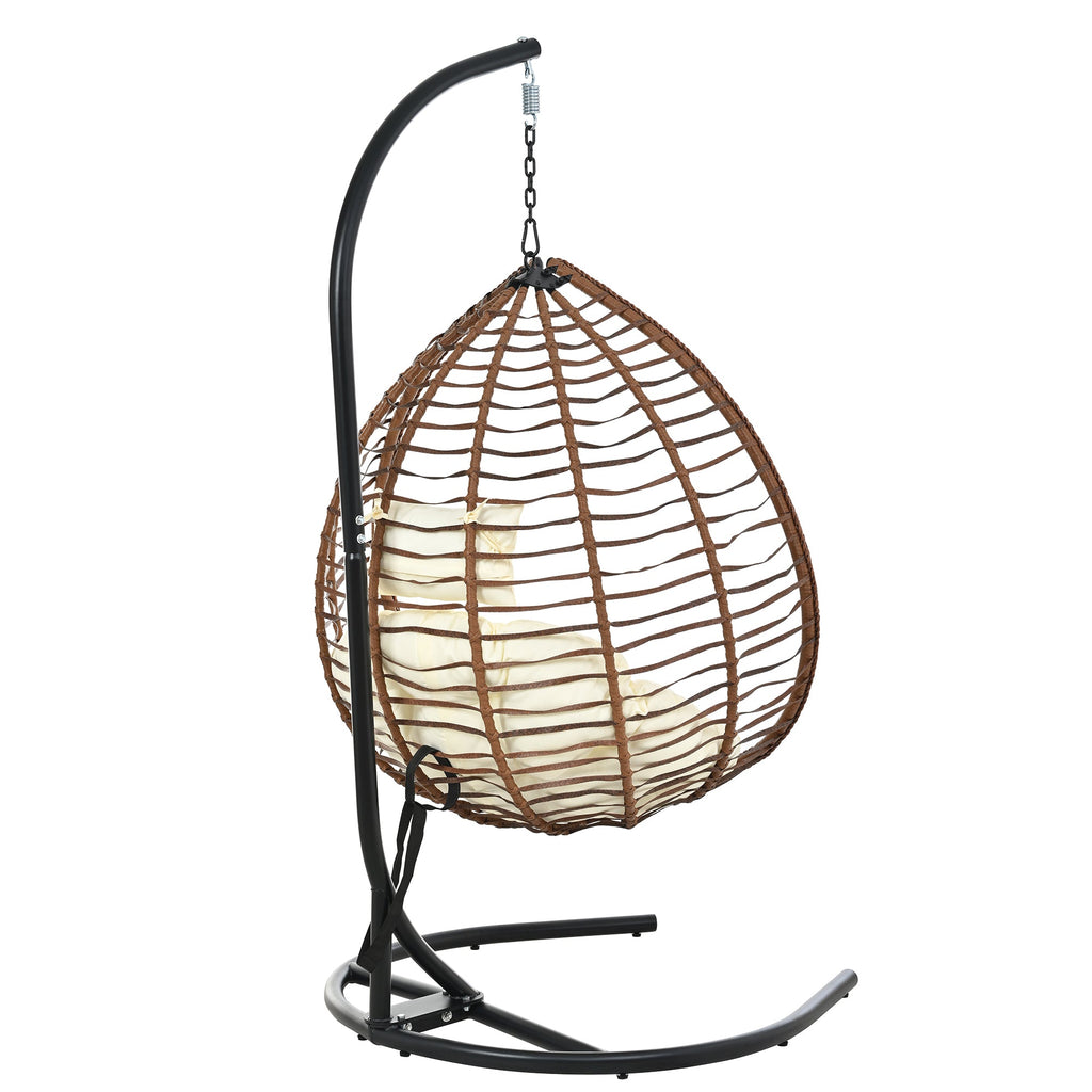 Foldable Rattan Egg Swing Chair with Iron Frame, Plush Cushion & Removable Headrest