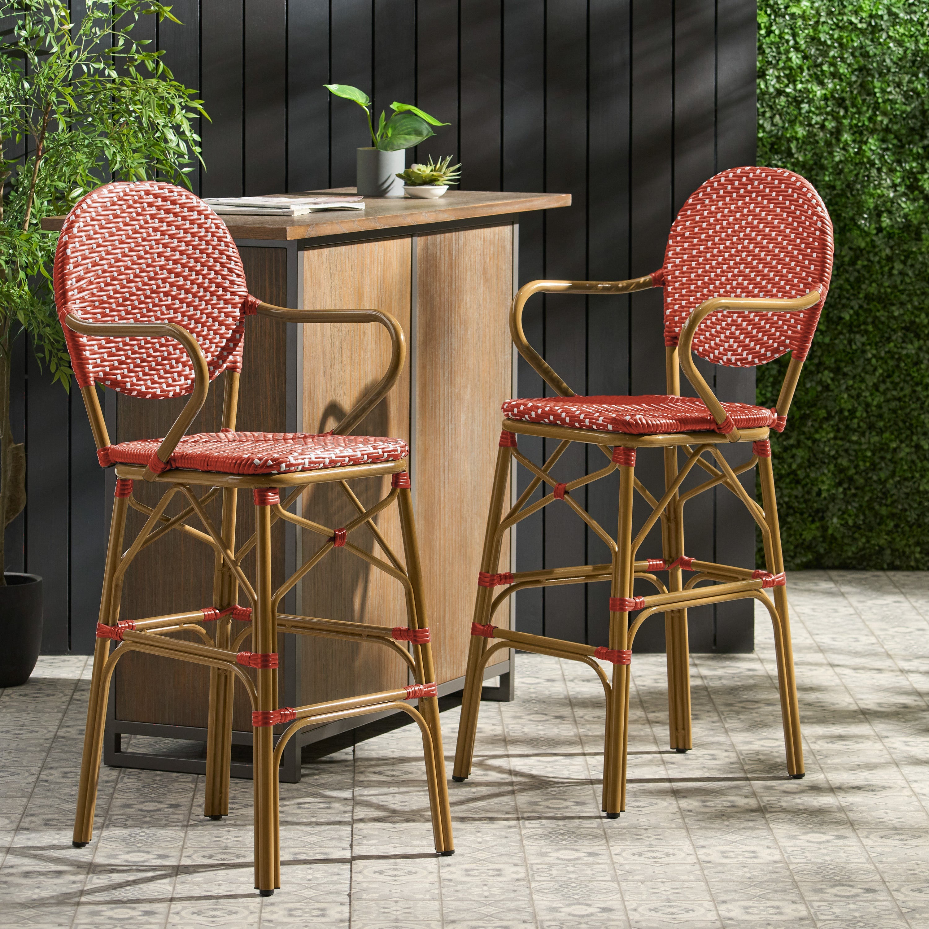 Valorous Outdoor Wicker Bar Stool with Round Back and Curved Arms, Set of 2