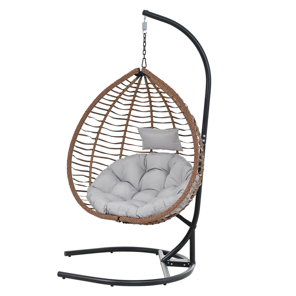 Foldable Rattan Egg Swing Chair with Iron Frame, Plush Cushion & Removable Headrest